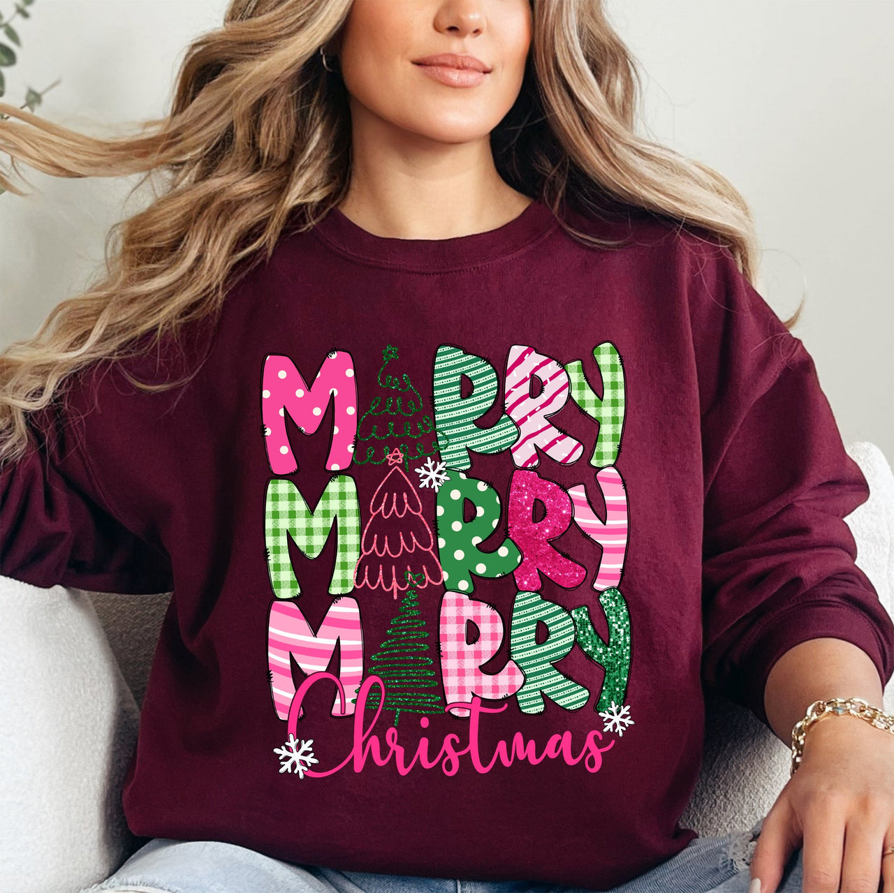 Merry Merry Merry Christmas Santa Xmas Colorful Patterns Holiday Cheer Sweatshirt