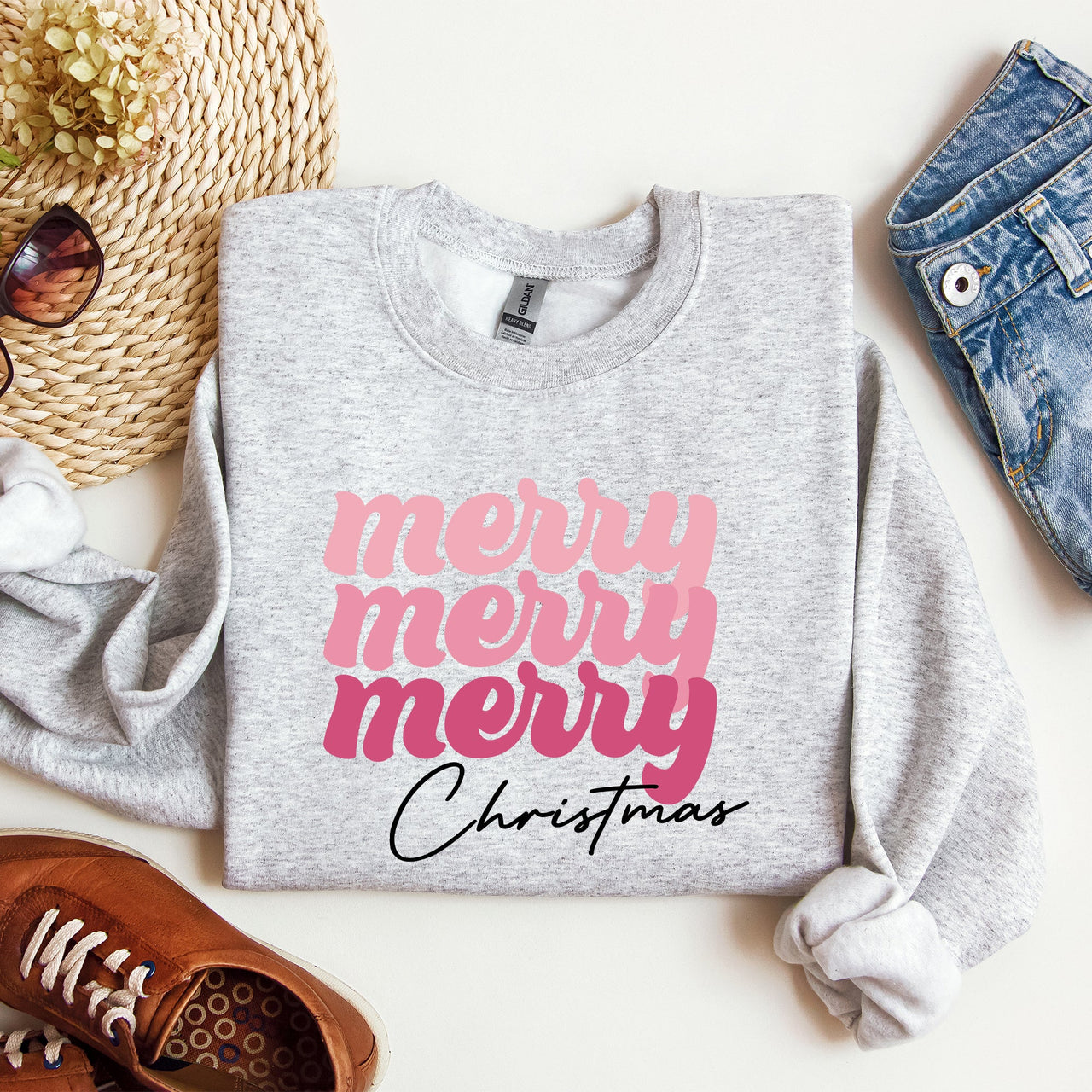 Merry Merry Merry Christmas Retro Santa Winter Xmas Nostalgic Holiday Cheer Vintage Style Festive Graphic Sweatshirt