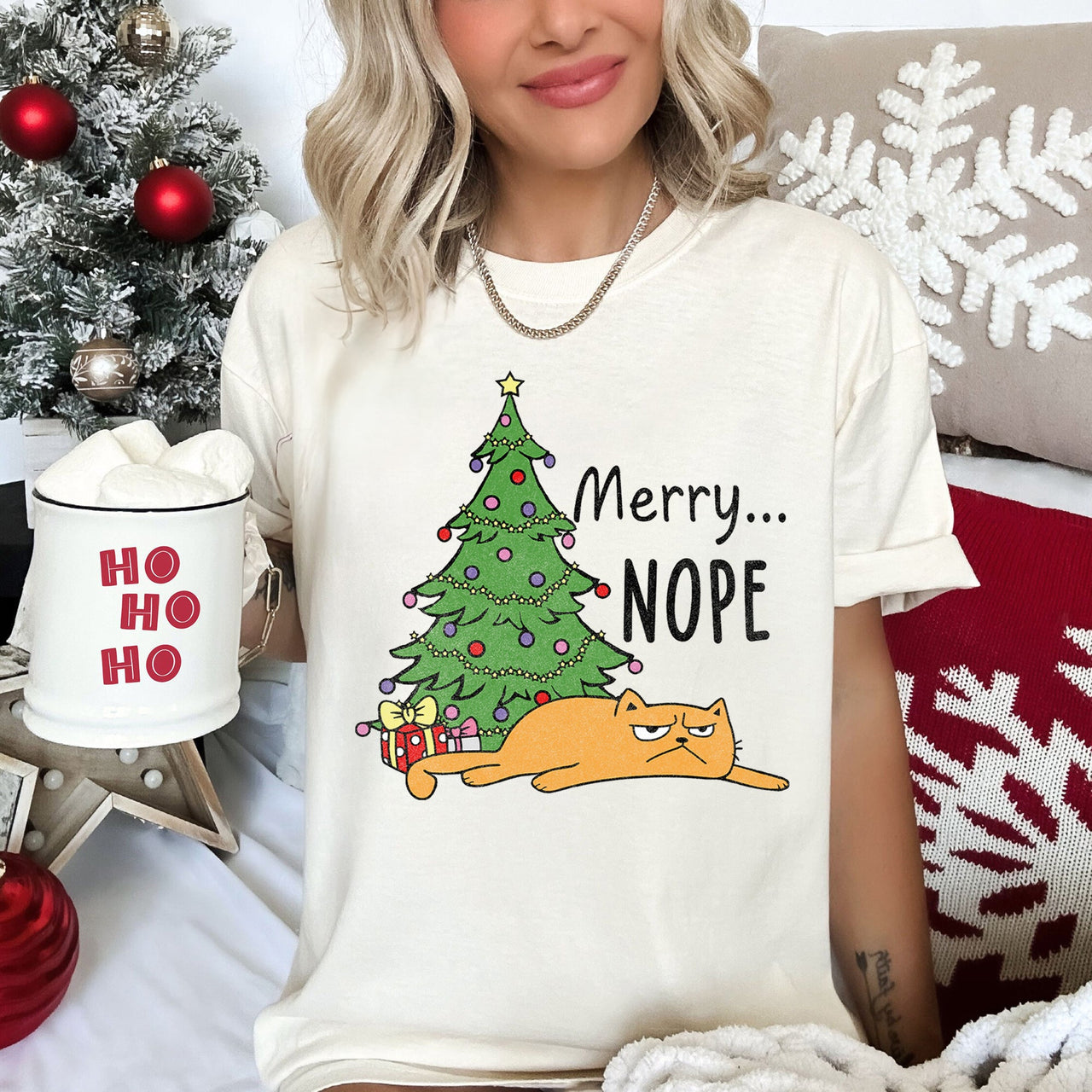 Merry Nope Funny Cat Christmas Holiday Laughs Edition For Cat Lovers And Cozy Season Wear Comfort Colors Tee
