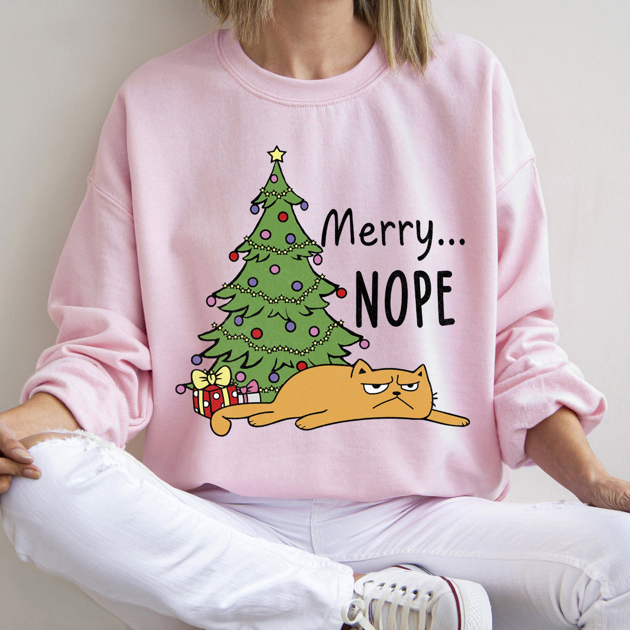 Merry Nope Cat Christmas Cozy Fleece Lined Holiday Humor Graphic Cat Lover Sweatshirt