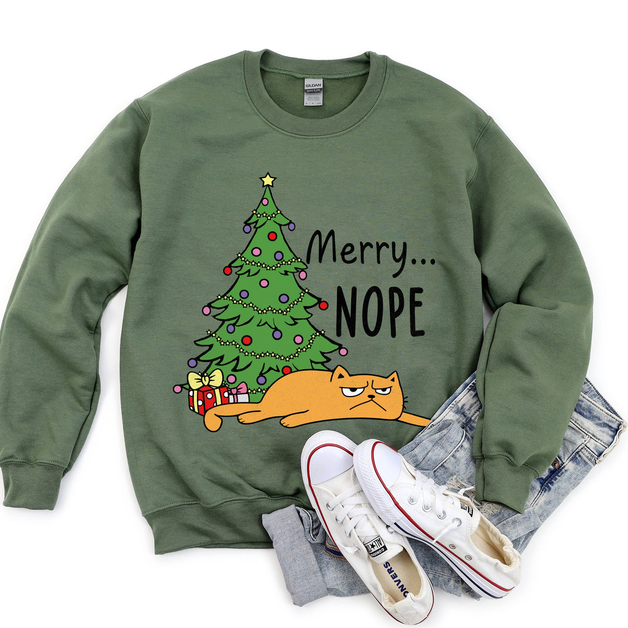 Merry Nope Cat Christmas Cozy Fleece Lined Holiday Humor Graphic Cat Lover Sweatshirt
