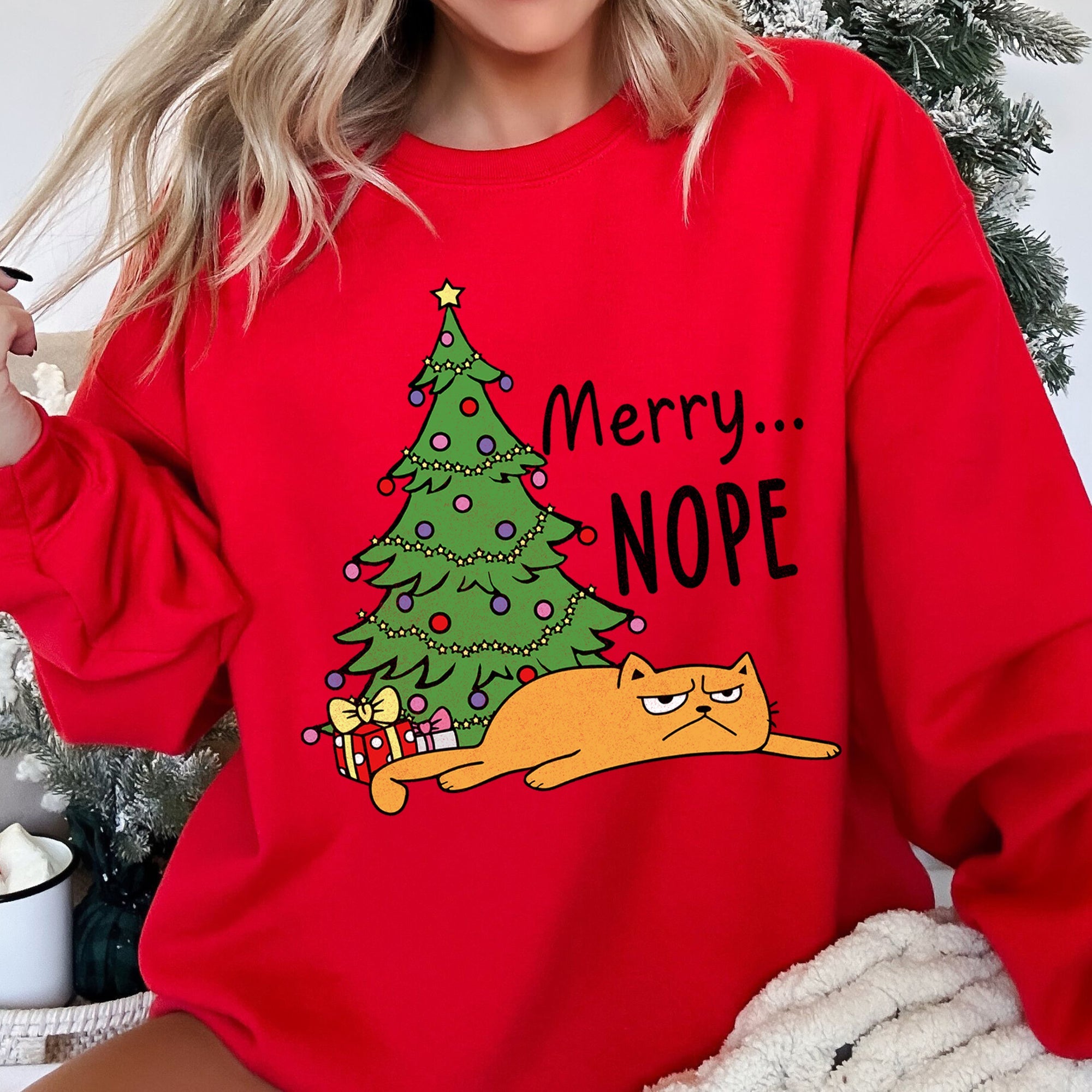 Merry Nope Cat Christmas Cozy Fleece Lined Holiday Humor Graphic Cat Lover Sweatshirt