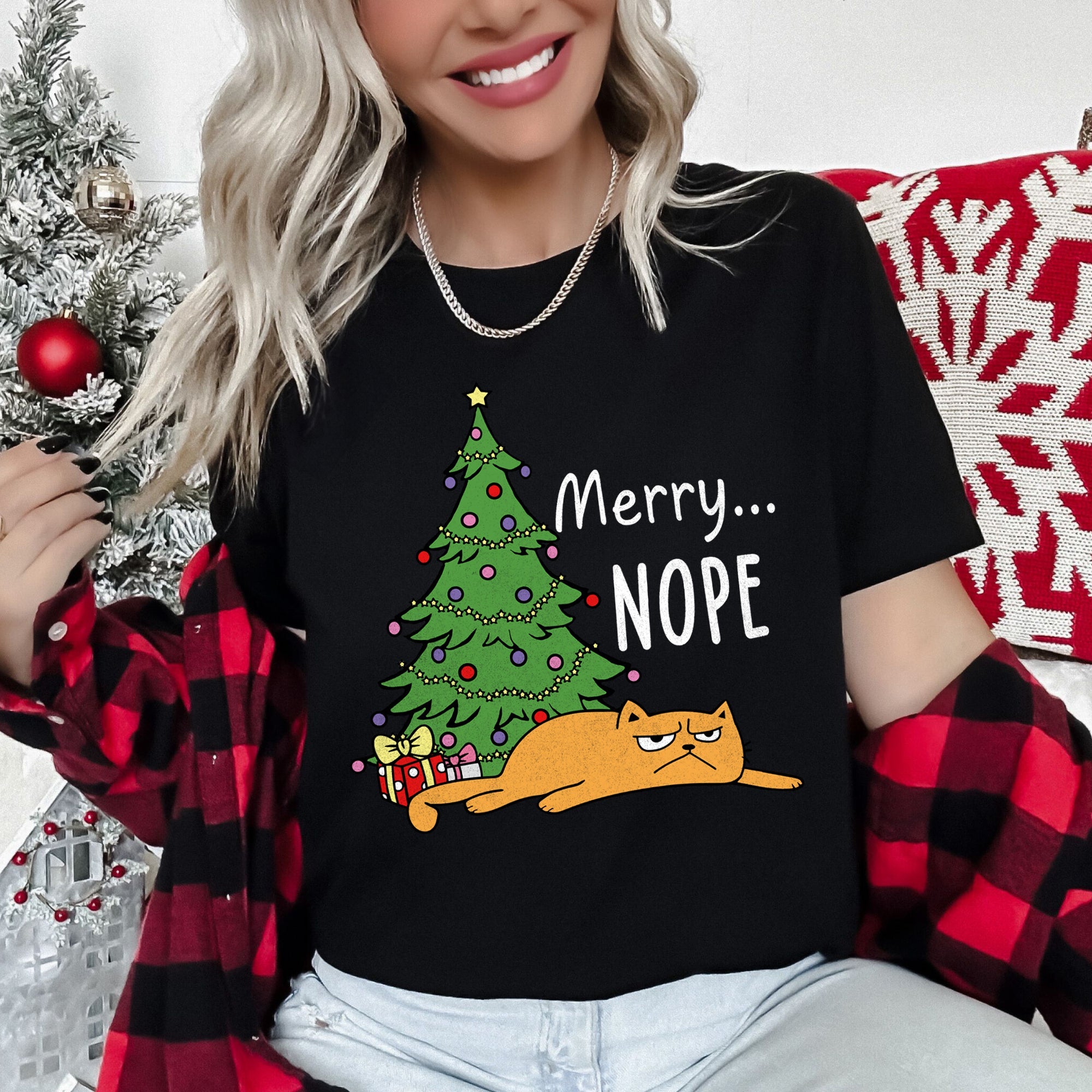 Merry Nope Funny Cat Christmas Holiday Humor Snarky Kitty Greeting Card Scene Graphic Tee