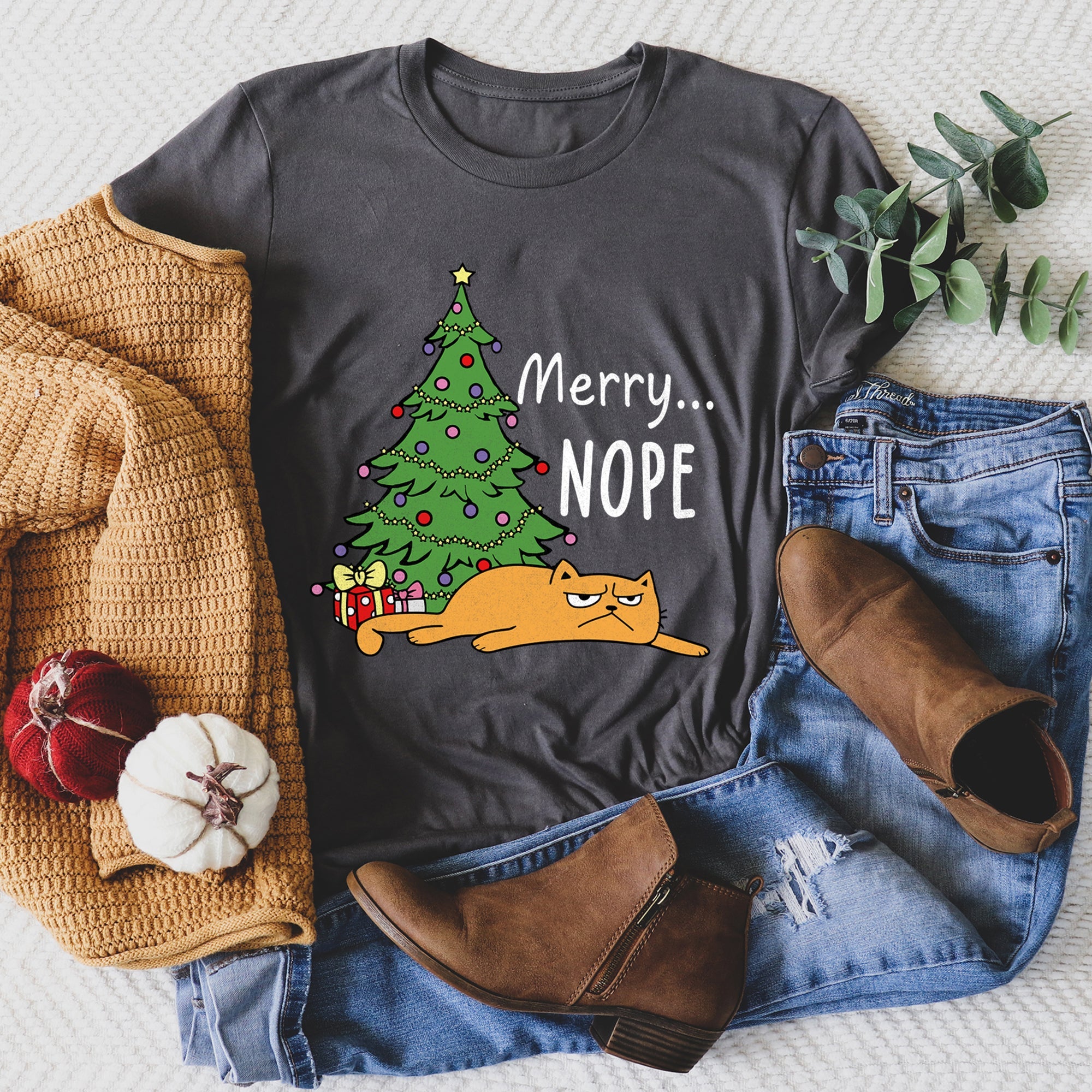 Merry Nope Funny Cat Christmas Holiday Humor Snarky Kitty Greeting Card Scene Graphic Tee