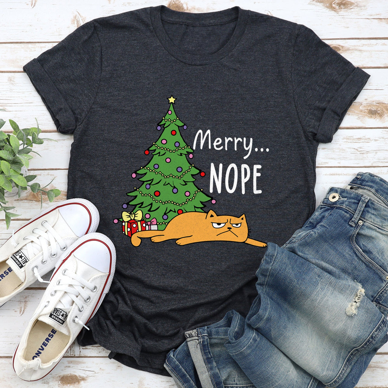 Merry Nope Funny Cat Christmas Holiday Humor Snarky Kitty Greeting Card Scene Graphic Tee