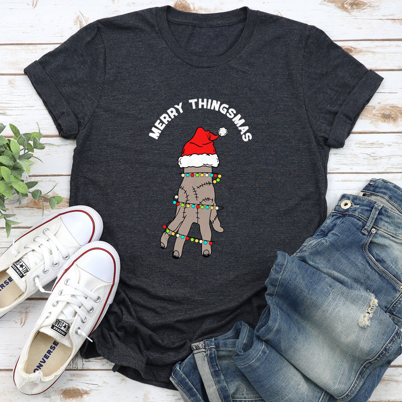Merry Thingsmas Christmas Wednesday Spooky Zombie Mashup Holiday Theme Graphic Tee