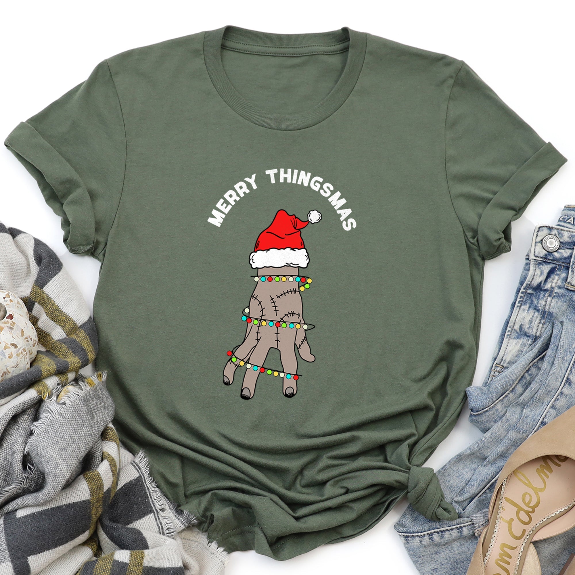 Merry Thingsmas Christmas Wednesday Spooky Zombie Mashup Holiday Theme Graphic Tee