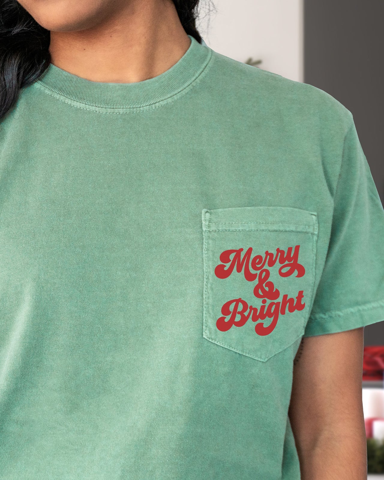 Merry And Bright Christmas Santa Winter Snow Xmas Pocket Graphic Comfort Colors Tee