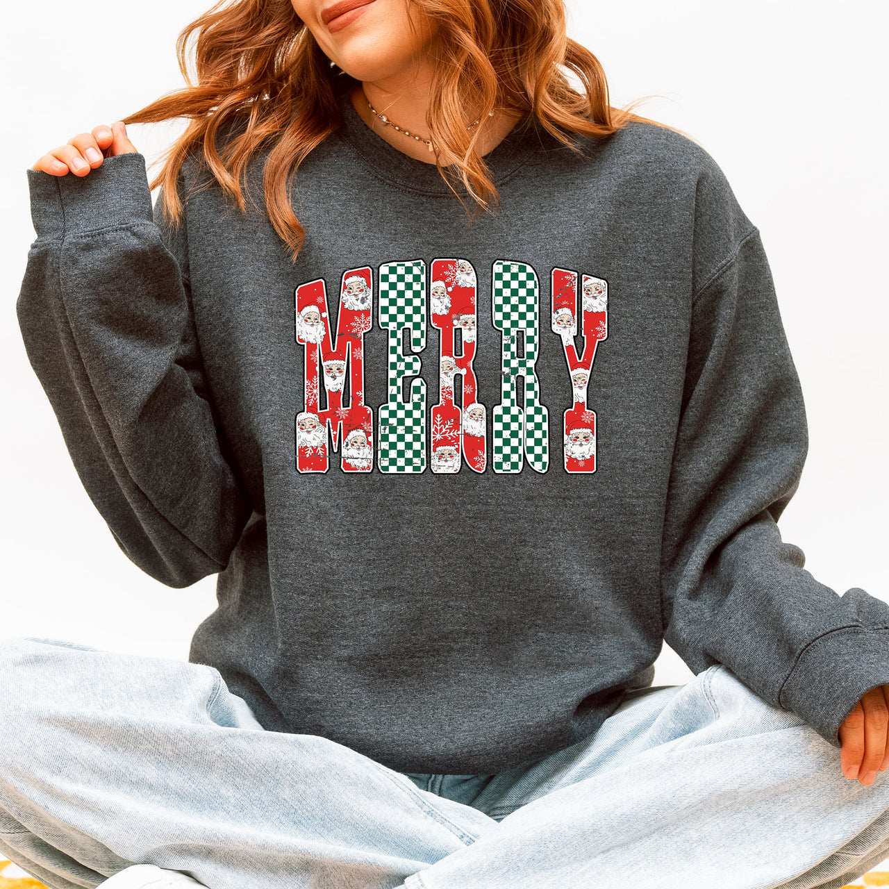 Merry Varsity Santa Checkered Christmas Vintage Edition Retro Holiday Sweatshirt