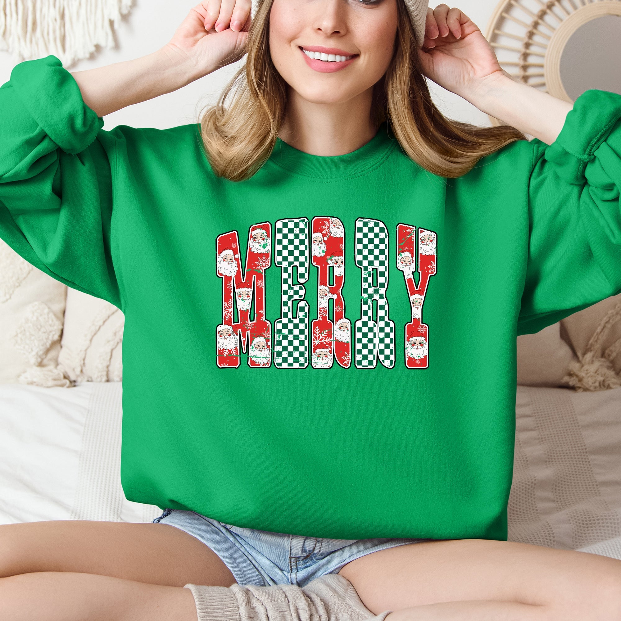 Merry Varsity Santa Checkered Christmas Vintage Edition Retro Holiday Sweatshirt