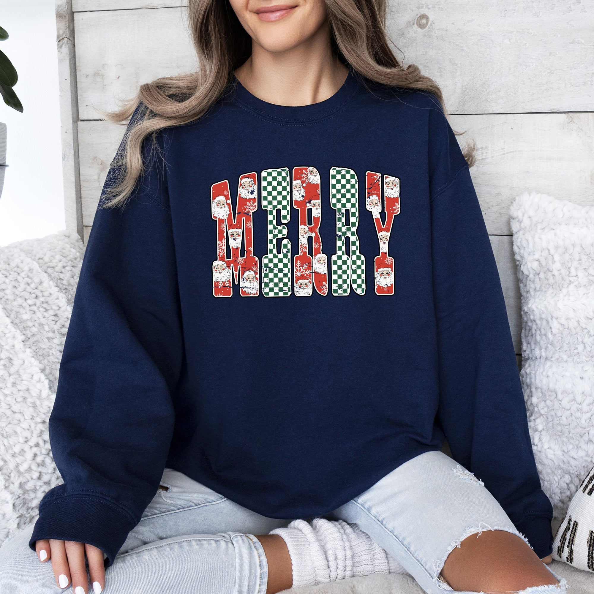 Merry Varsity Santa Checkered Christmas Vintage Edition Retro Holiday Sweatshirt