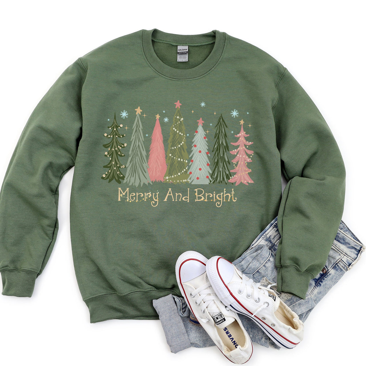 Merry And Bright Christmas Trees Festive Holiday Graphic Scene Cozy Fleece Sweatshirt