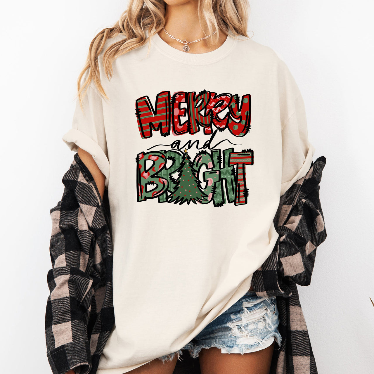 Merry and Bright Christmas Tree Colorful Winter Xmas Santa Holiday Comfort Colors Tee