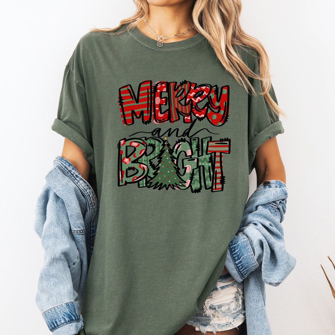 Merry and Bright Christmas Tree Colorful Winter Xmas Santa Holiday Comfort Colors Tee