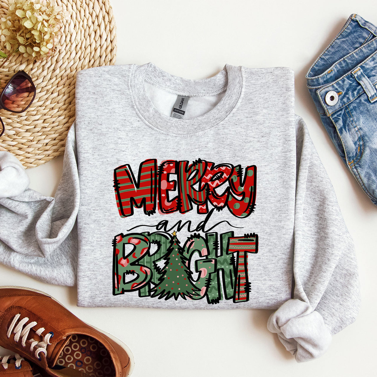 Merry And Bright Christmas Tree Santa Colorful Winter Xmas Noel Jolly Holiday Scene Sweatshirt