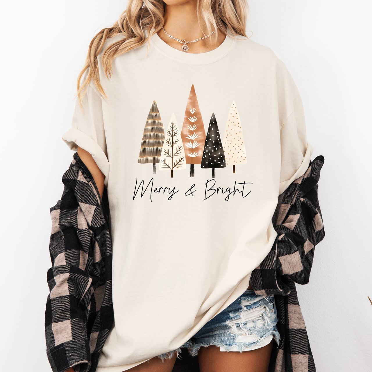 Merry and Bright Christmas Trees Hygge Winter Santa Snow Xmas Comfort Colors Tee