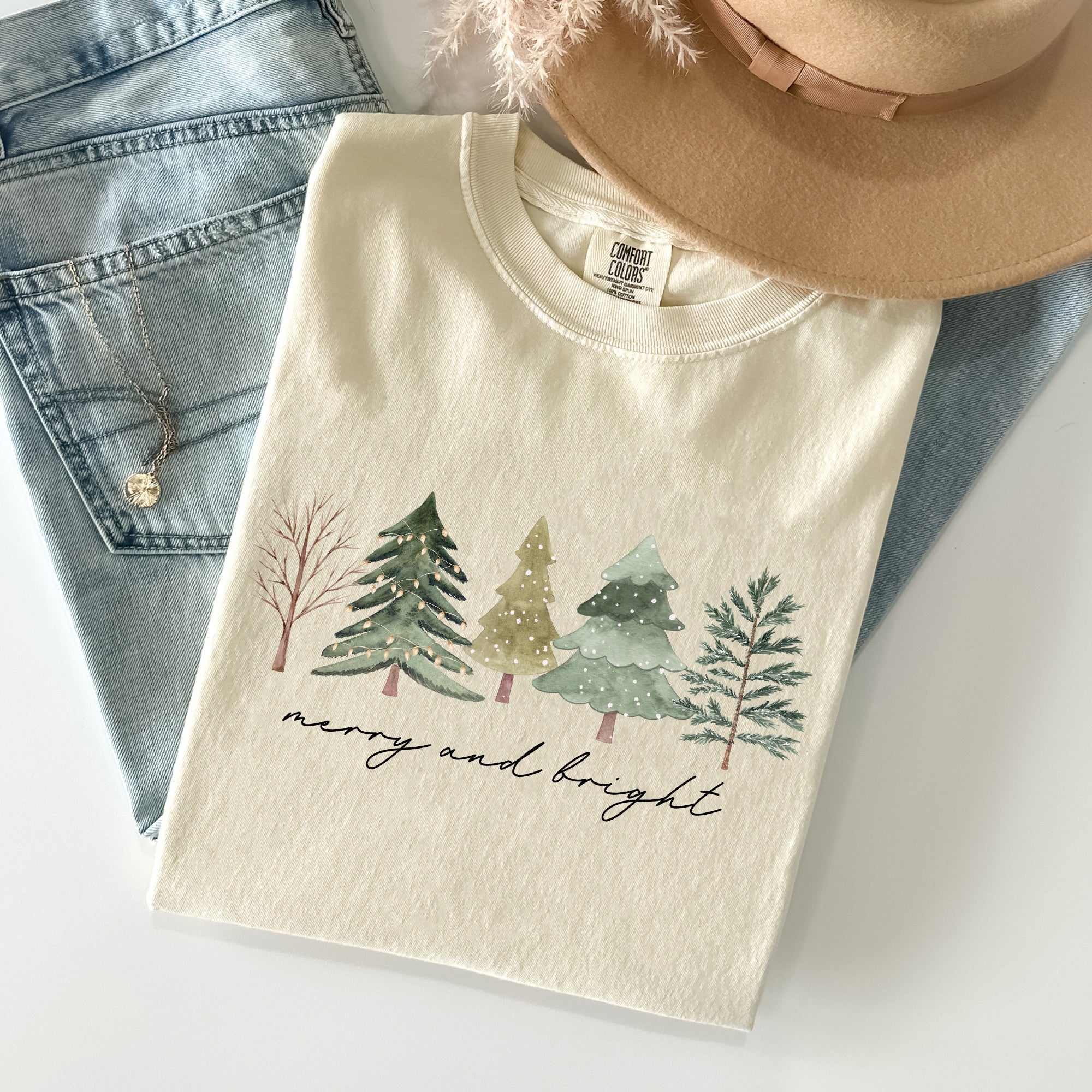 Merry And Bright Christmas Trees Minimalist Winter Snow Xmas Edition Comfort Colors Tee