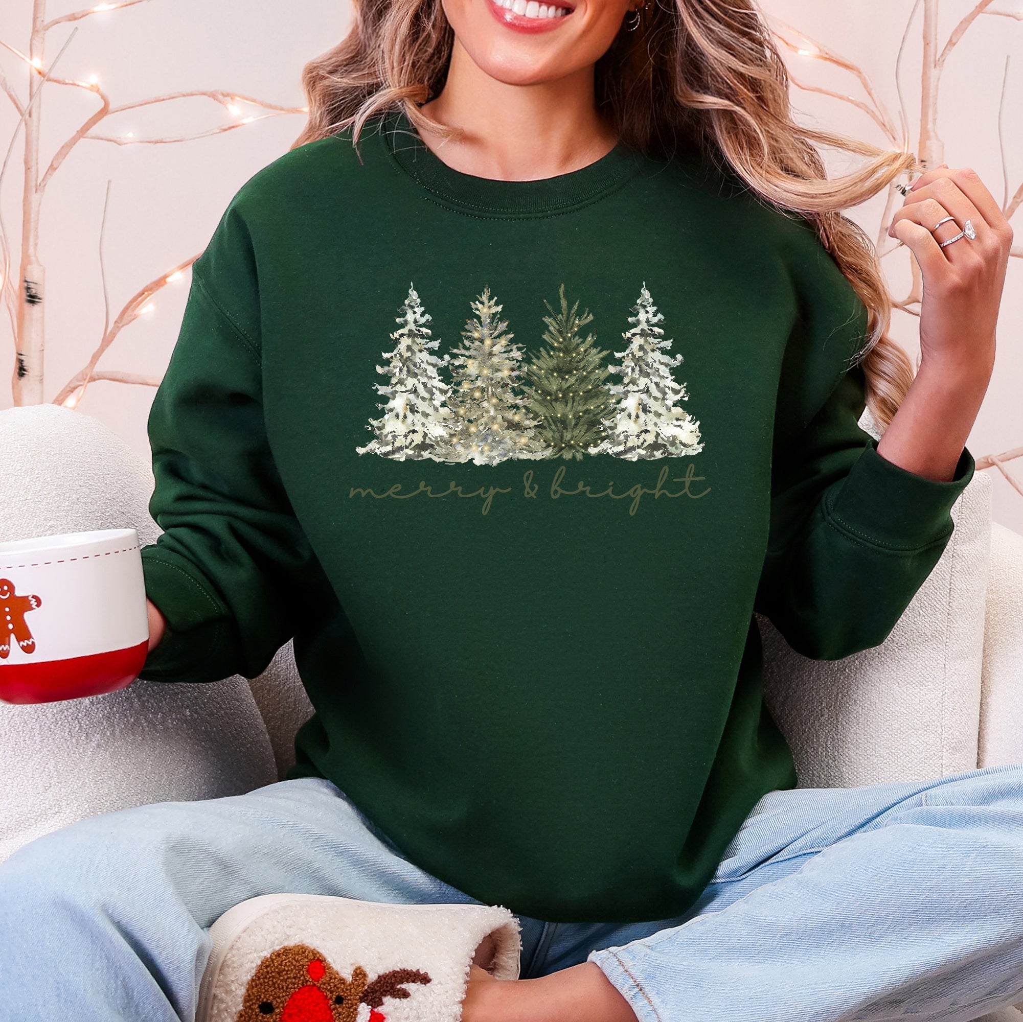 Merry and Bright Christmas Trees Santa Snowflakes Festive Holiday Theme Sweatshirt
