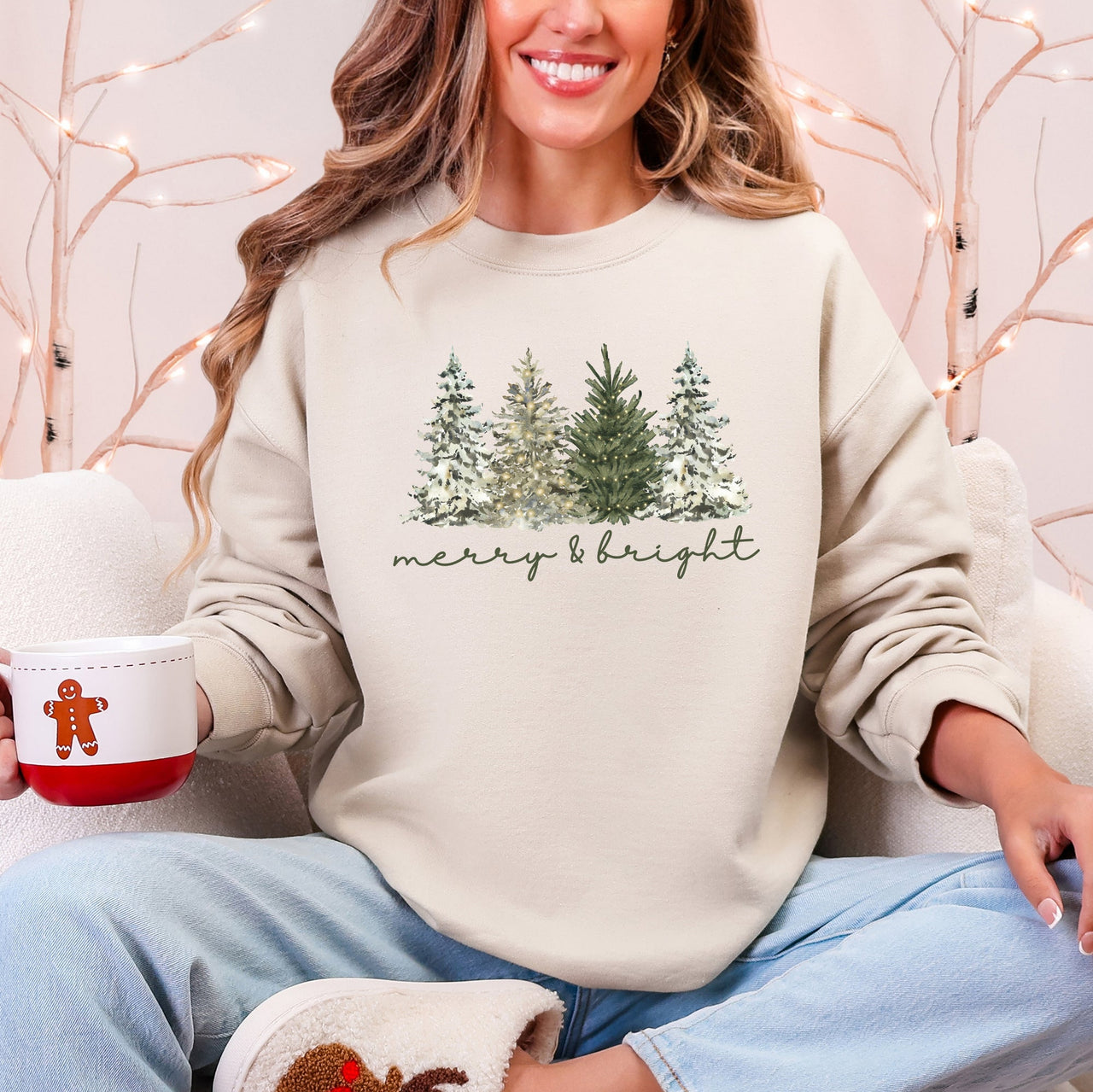 Merry and Bright Christmas Trees Santa Snowflakes Festive Holiday Theme Sweatshirt