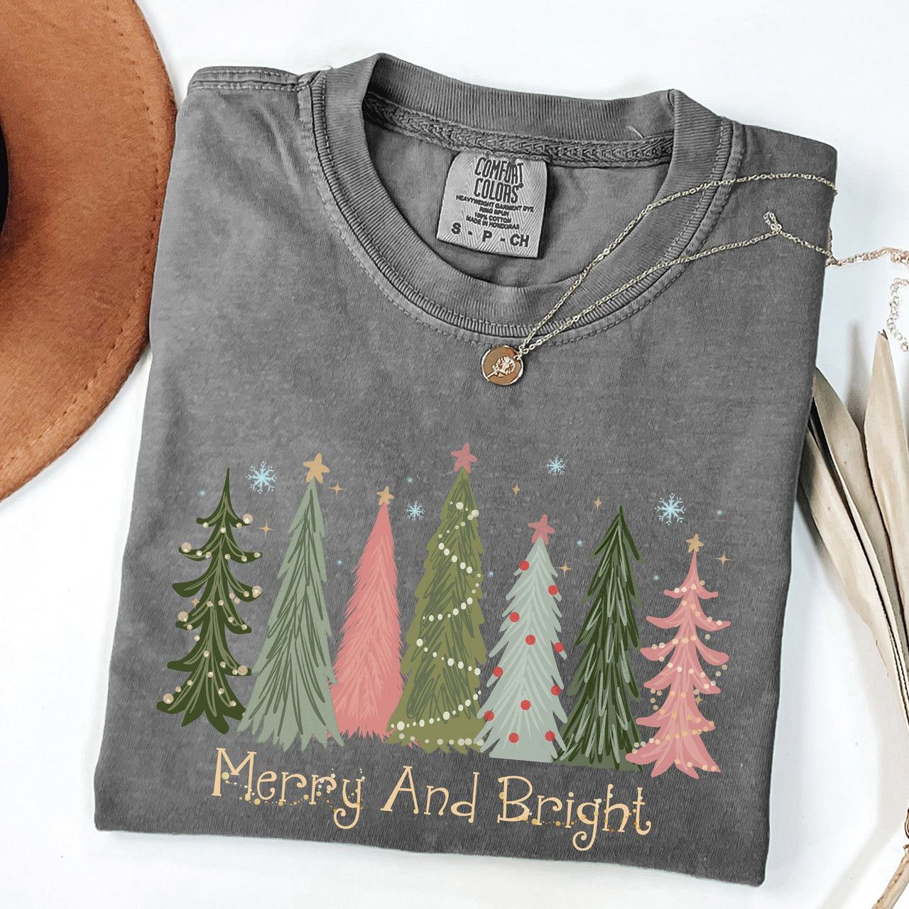 Merry and Bright Christmas Trees Winter Snow Xmas Holiday Scene Comfort Colors Tee