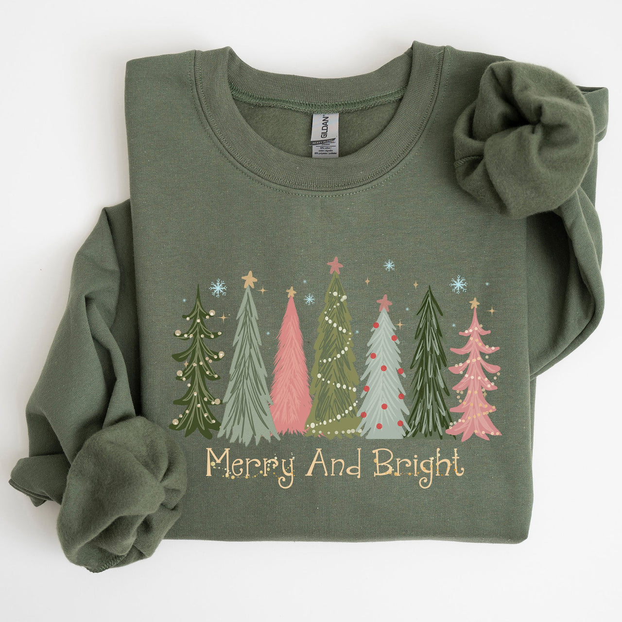 Merry And Bright Christmas Trees Winter Snow Xmas Holiday Lights Festive Scene Sweatshirt