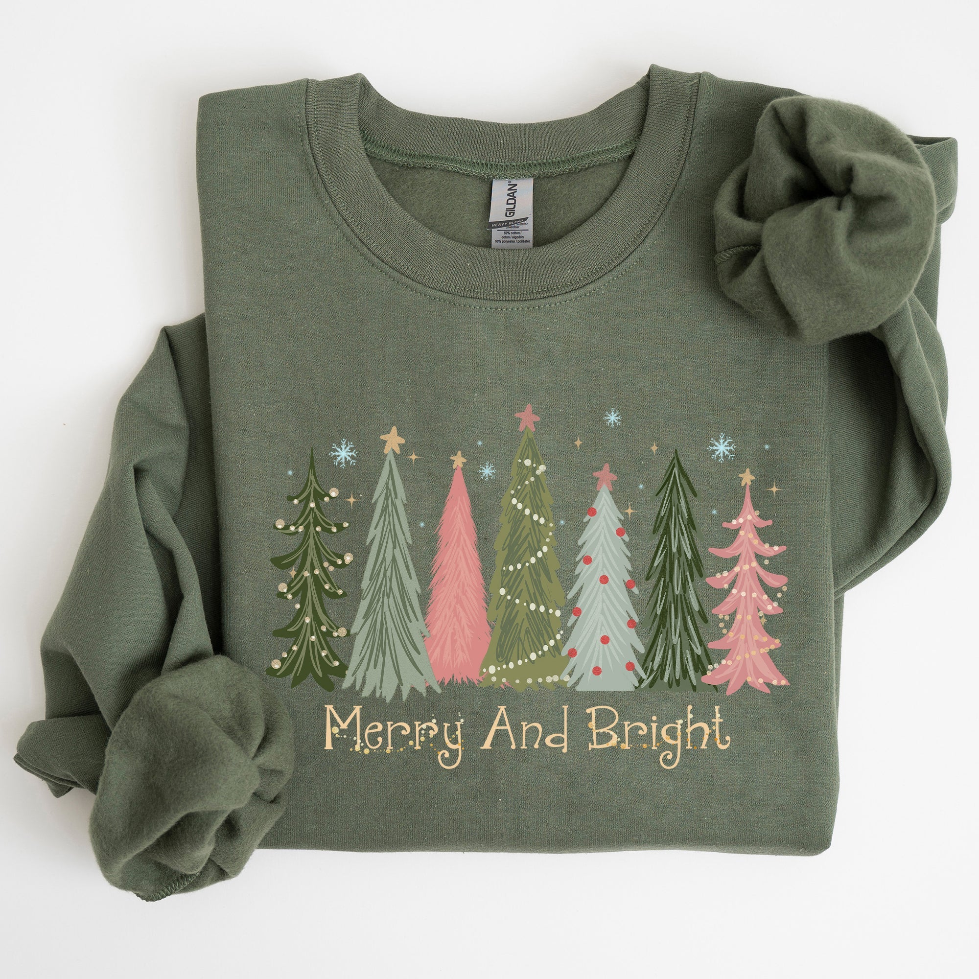 Merry And Bright Christmas Trees Winter Snow Xmas Holiday Lights Festive Scene Sweatshirt