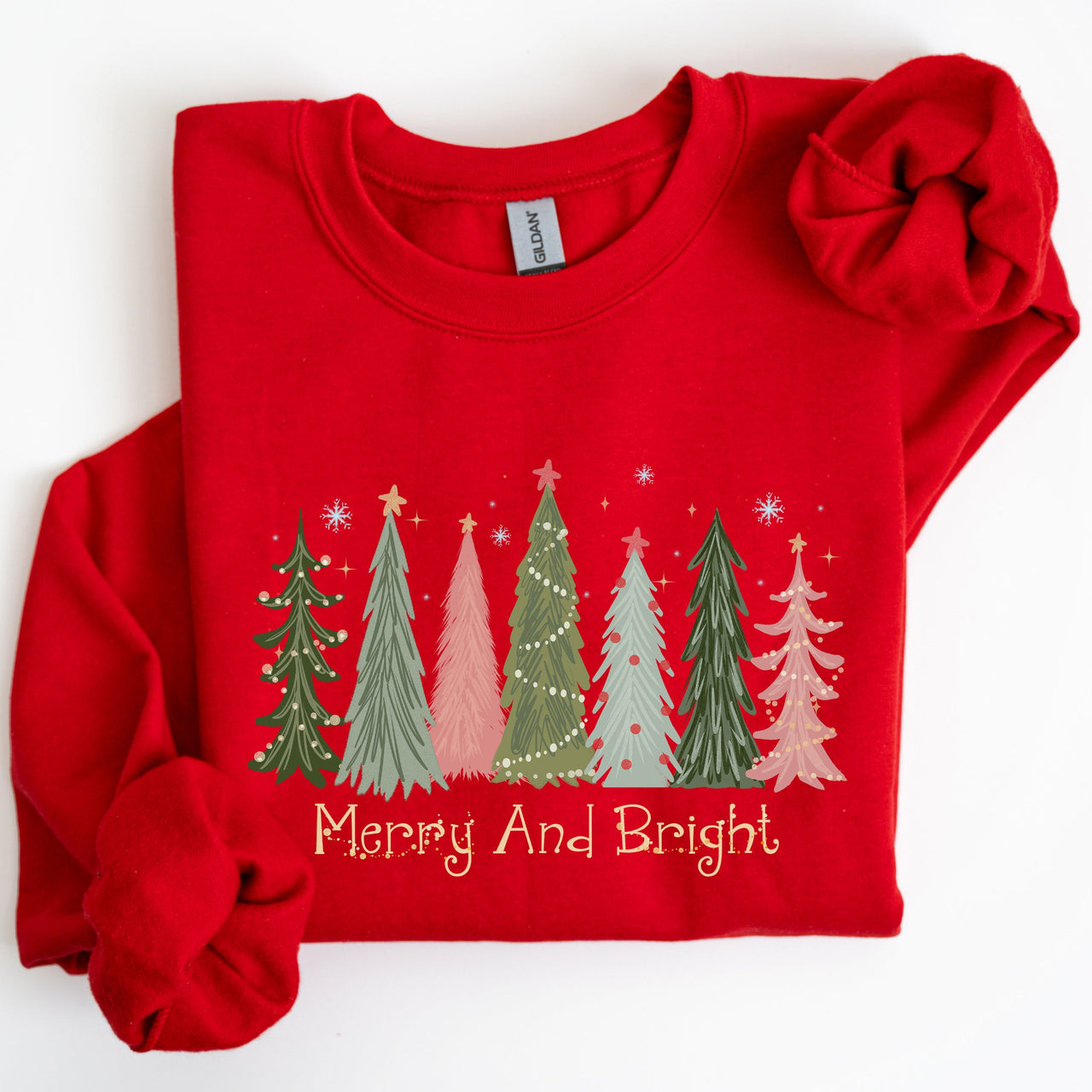 Merry And Bright Christmas Trees Winter Snow Xmas Holiday Lights Festive Scene Sweatshirt