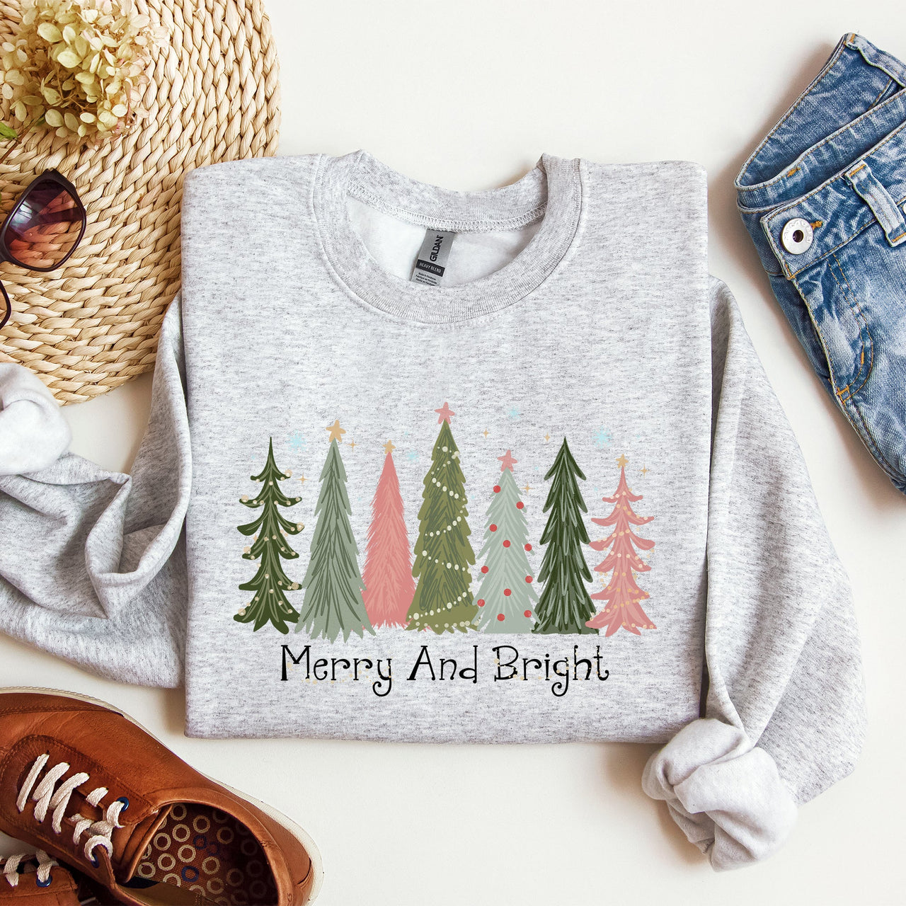 Merry And Bright Christmas Trees Winter Snow Xmas Holiday Lights Festive Scene Sweatshirt
