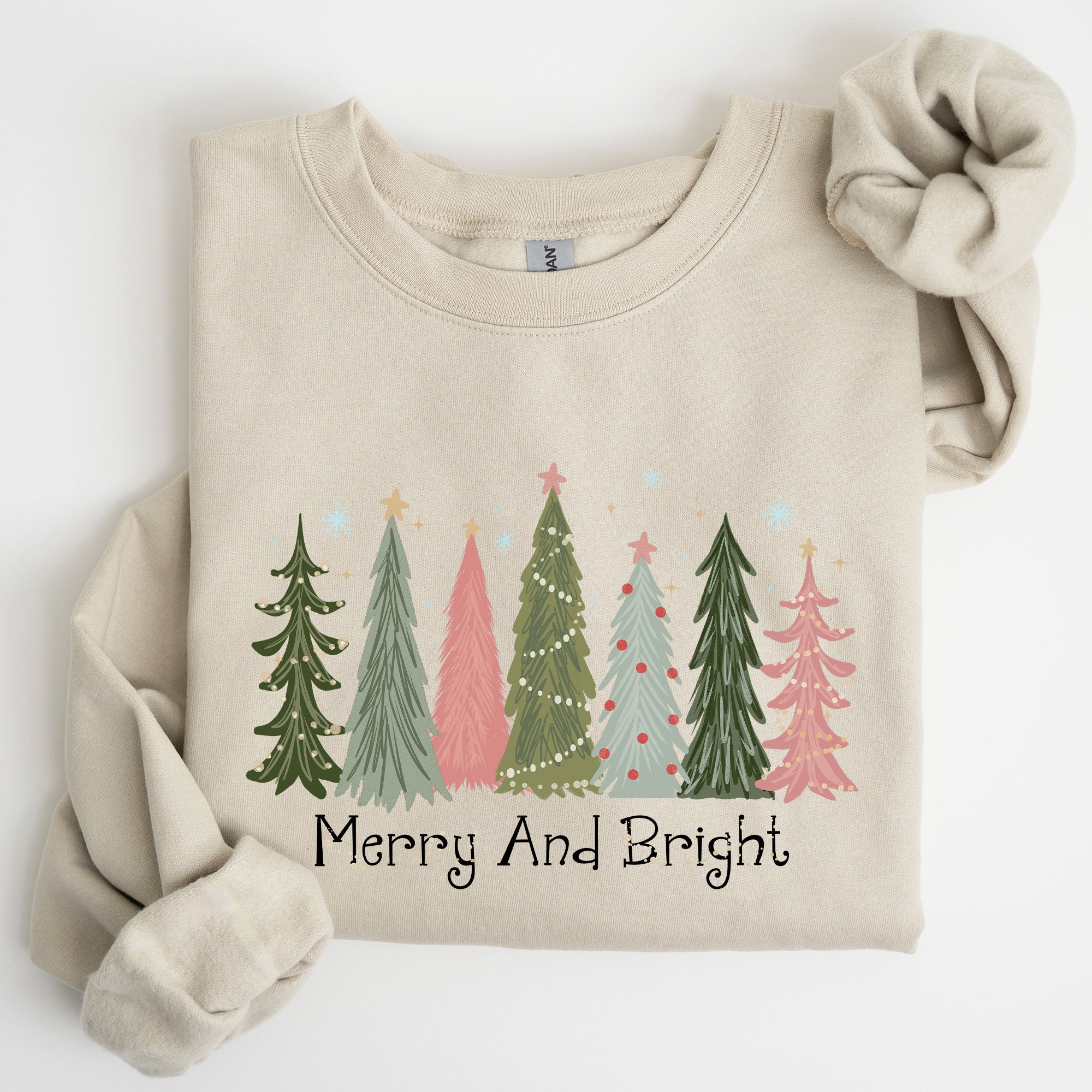 Merry And Bright Christmas Trees Winter Snow Xmas Holiday Lights Festive Scene Sweatshirt