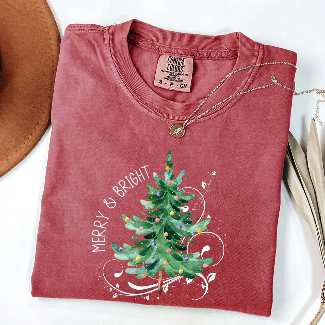 Merry And Bright Christmas Tree With Ornaments And Santa In Winter Comfort Colors Tee