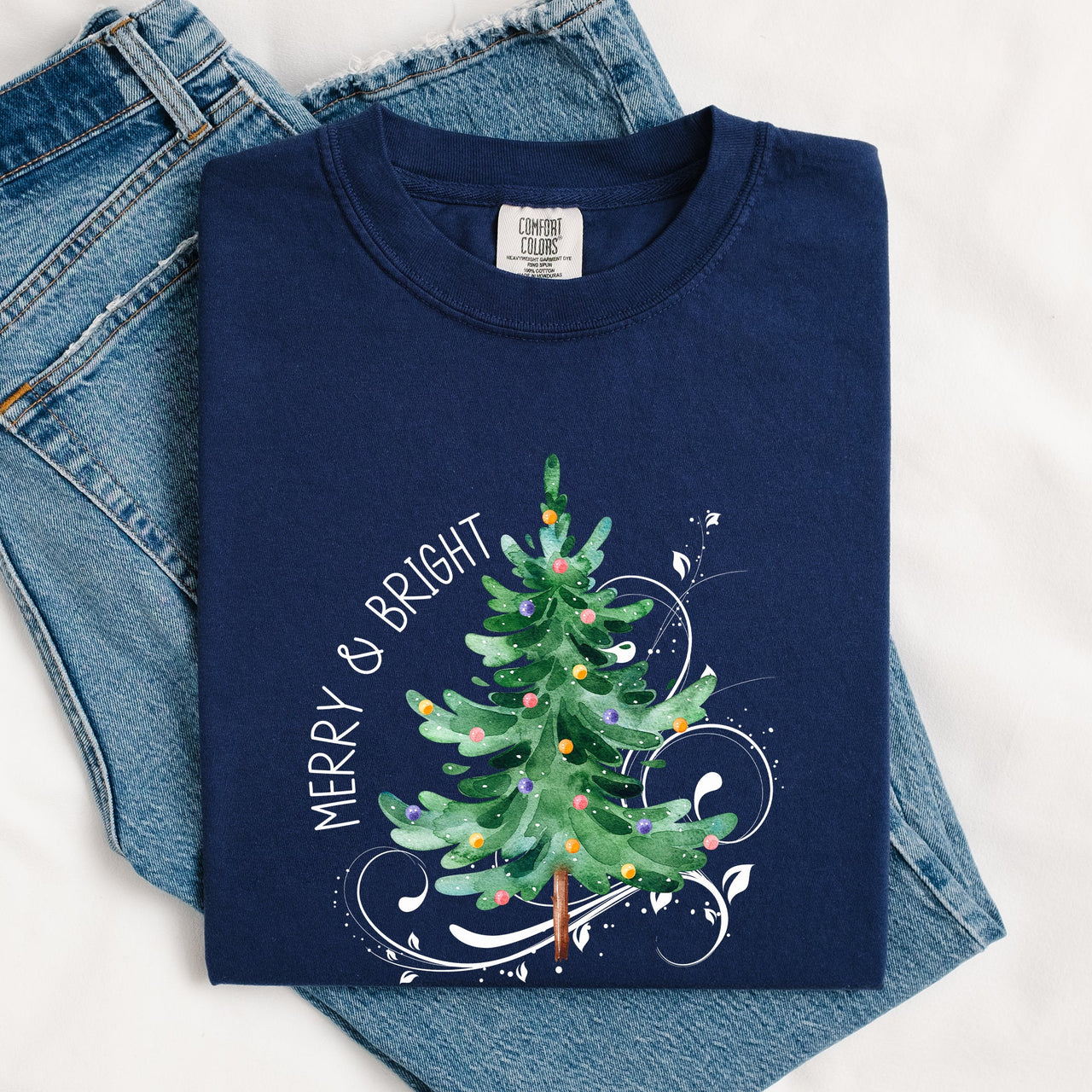 Merry And Bright Christmas Tree With Ornaments And Santa In Winter Comfort Colors Tee