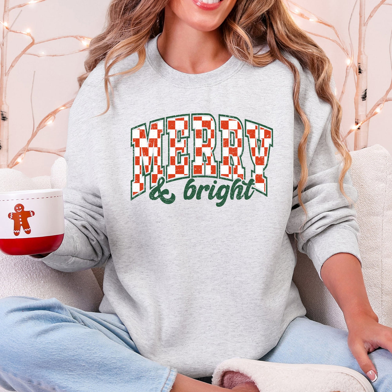 Merry And Bright Christmas Checkered Retro Festive Cozy Vintage Inspired Seasonal Holiday Cheer Sweatshirt