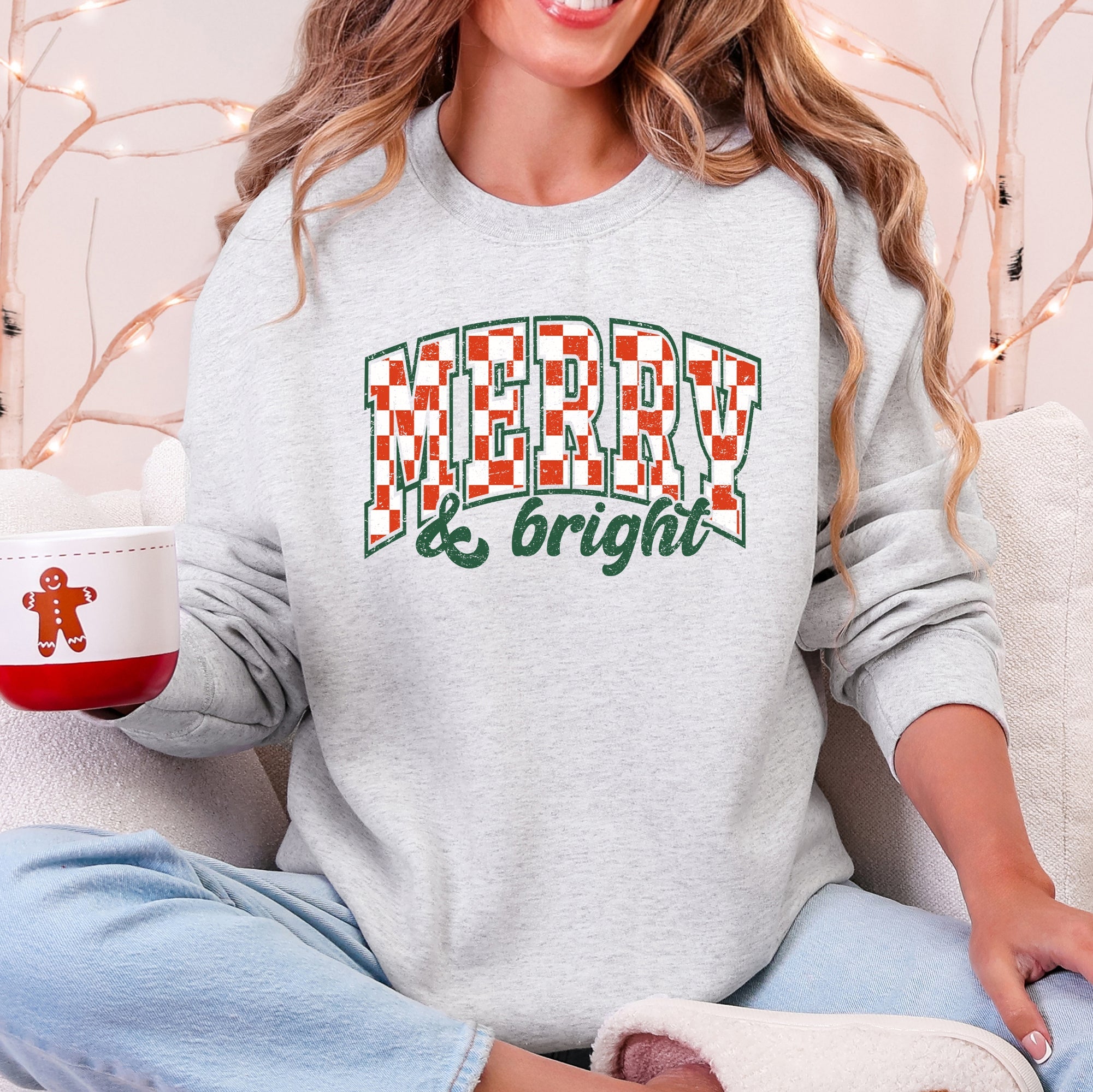 Merry And Bright Christmas Checkered Retro Festive Cozy Vintage Inspired Seasonal Holiday Cheer Sweatshirt