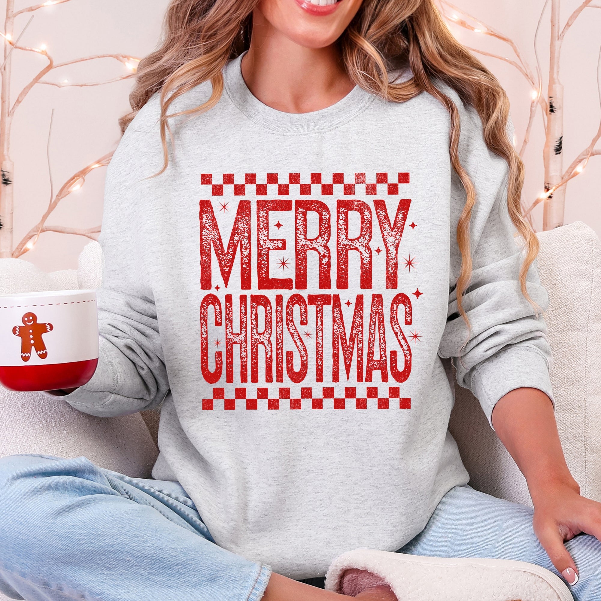Merry Christmas, Checkered, Retro, Vintage Graphic Sweatshirt With Plush Fleece Interior