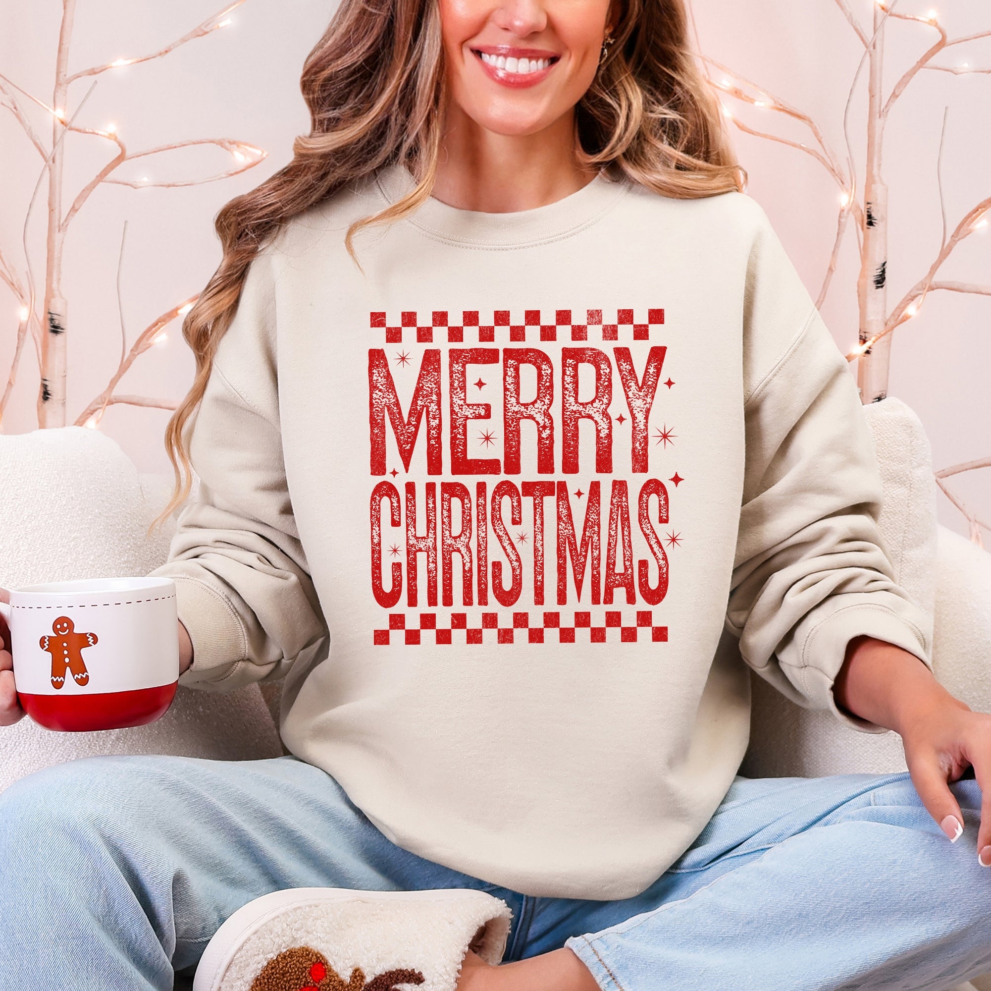 Merry Christmas, Checkered, Retro, Vintage Graphic Sweatshirt With Plush Fleece Interior