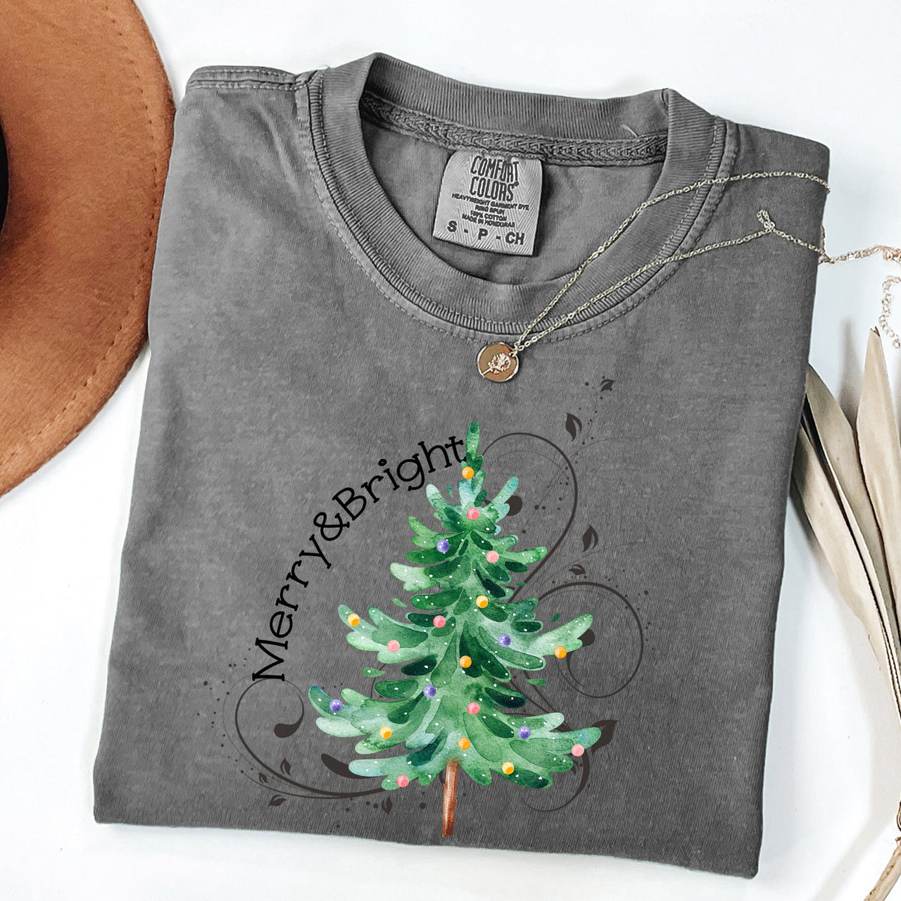 Merry And Bright Colorful Christmas Tree Swirls Santa Xmas Holiday Cheer Comfort Colors Tee