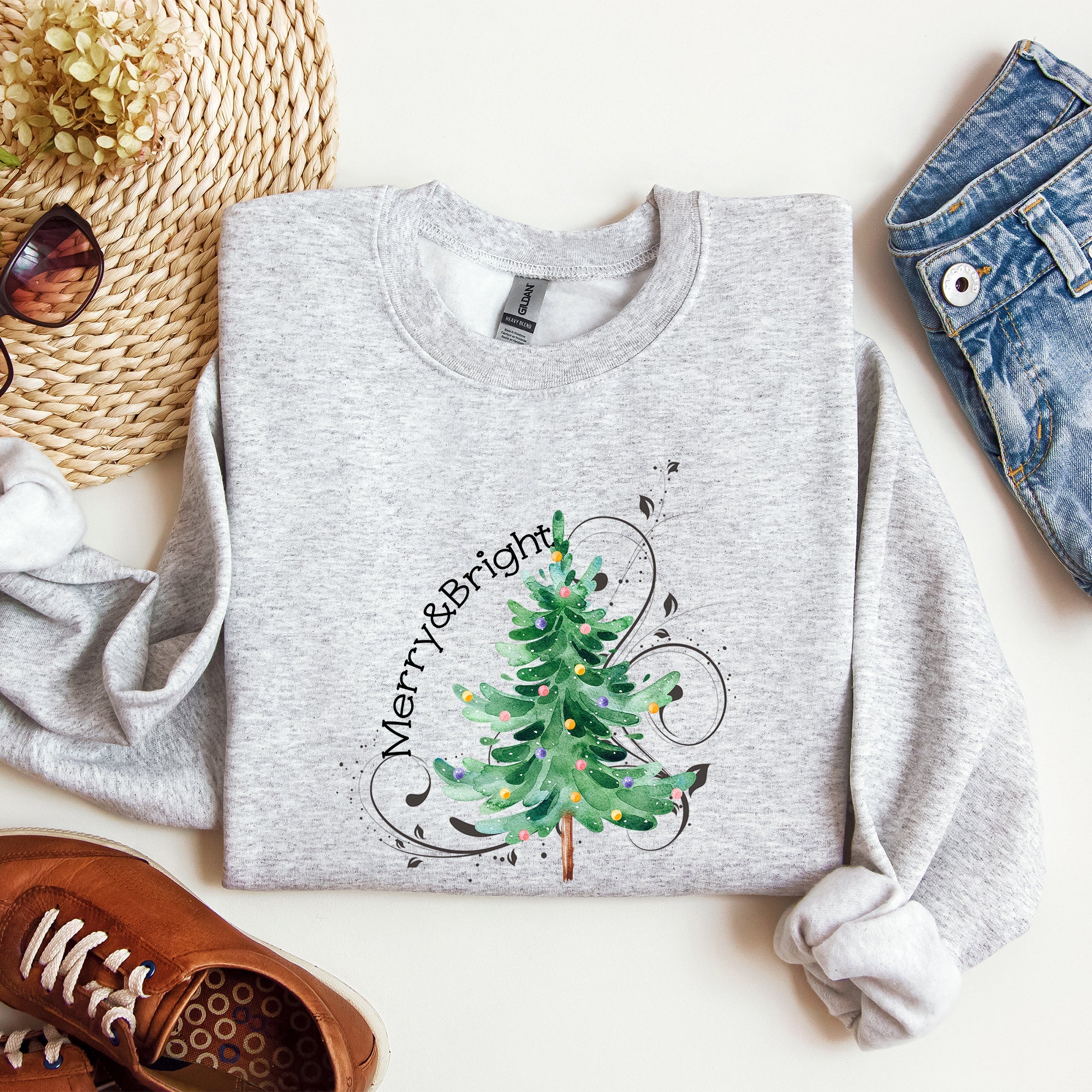 Merry And Bright Colorful Christmas Tree Swirls Santa Holiday Winter Xmas Sweatshirt