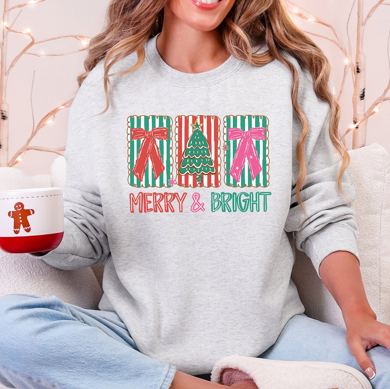Merry And Bright Pattern Blocks Christmas Tree Ribbon Bows Santa Holiday Sweatshirt