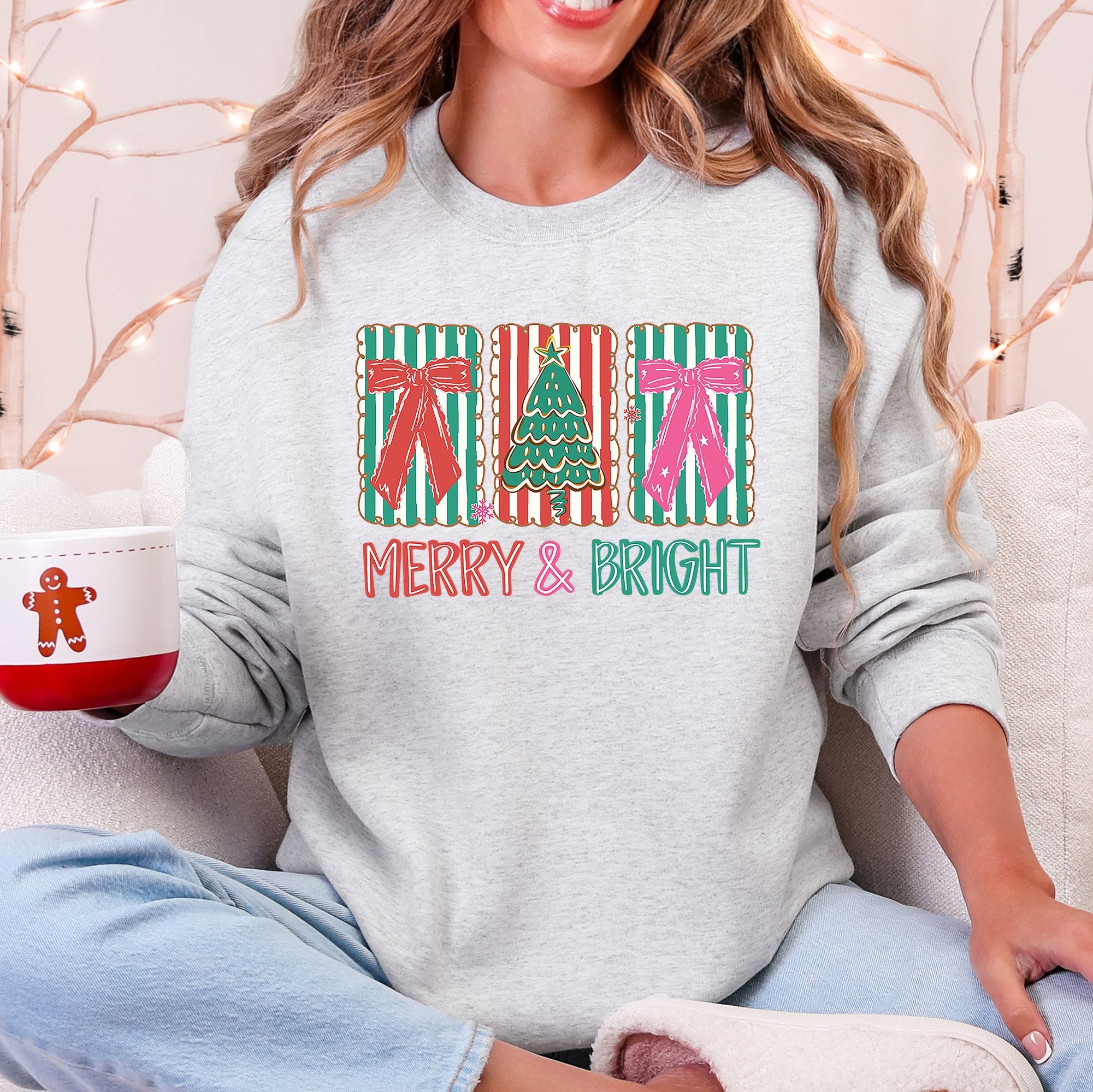 Merry And Bright Pattern Blocks Christmas Tree Ribbon Bows Santa Holiday Sweatshirt