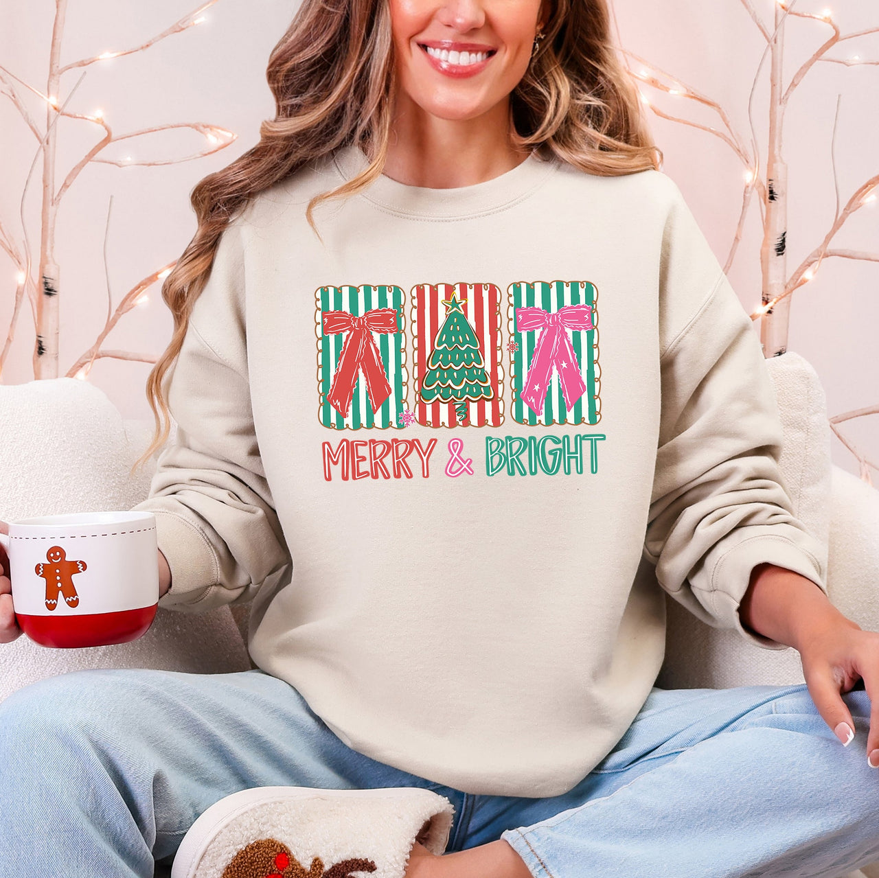Merry And Bright Pattern Blocks Christmas Tree Ribbon Bows Santa Holiday Sweatshirt
