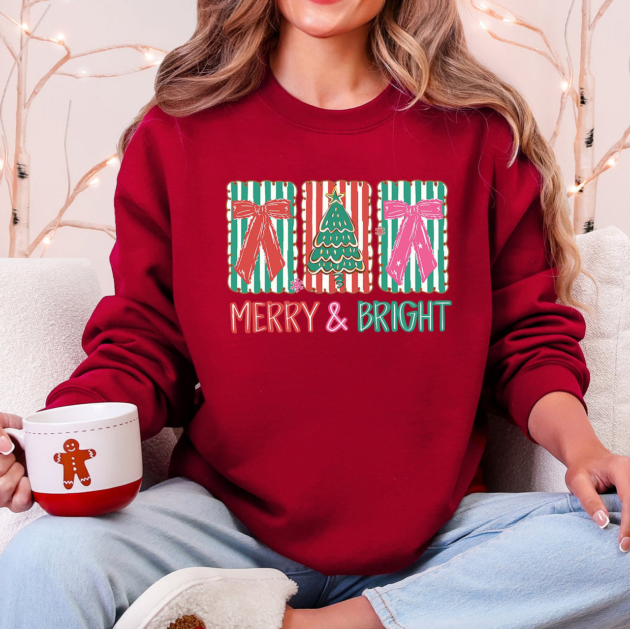 Merry And Bright Pattern Blocks Christmas Tree Ribbon Bows Santa Holiday Sweatshirt
