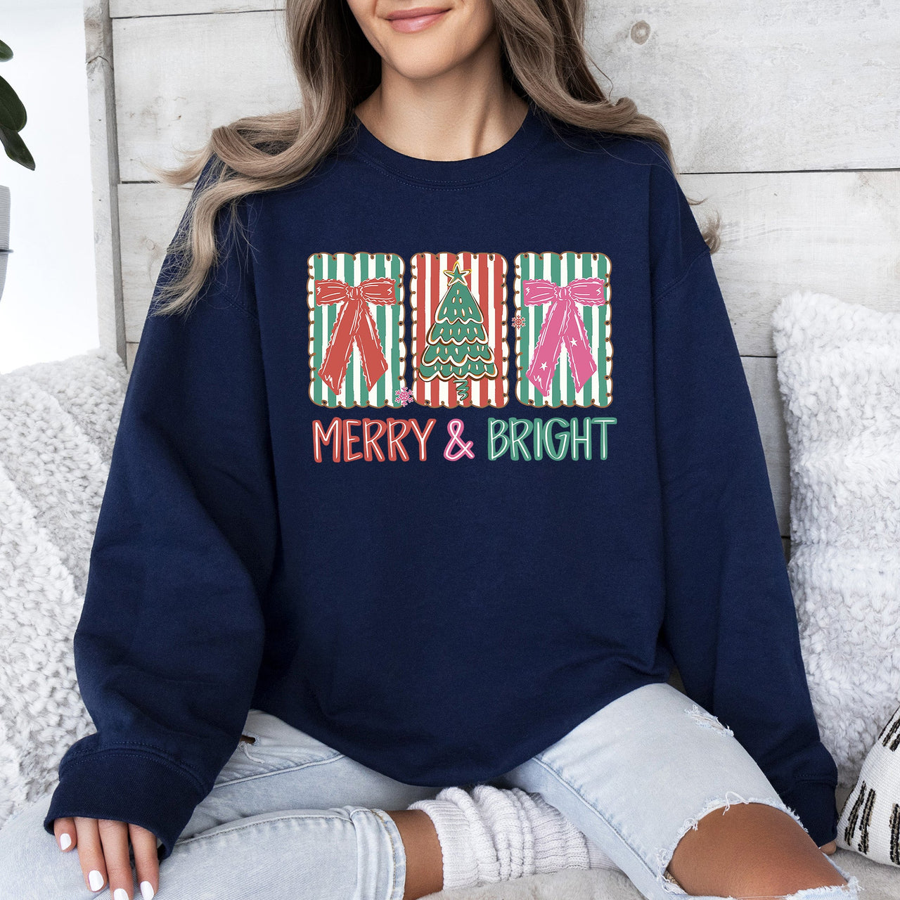 Merry And Bright Pattern Blocks Christmas Tree Ribbon Bows Santa Holiday Sweatshirt
