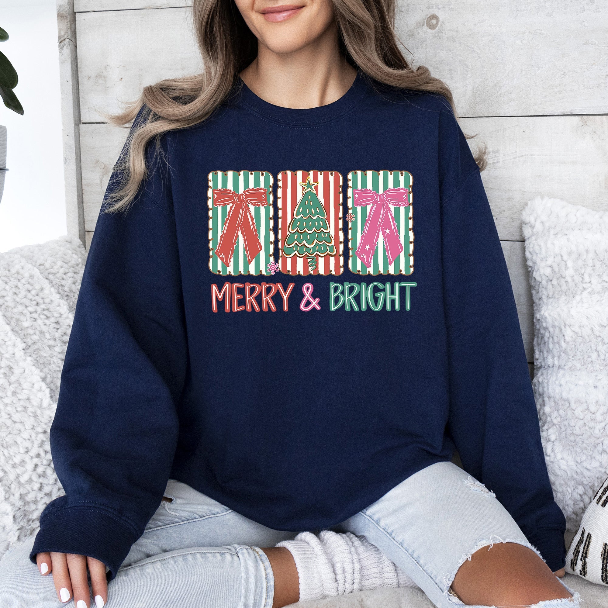 Merry And Bright Pattern Blocks Christmas Tree Ribbon Bows Santa Holiday Sweatshirt