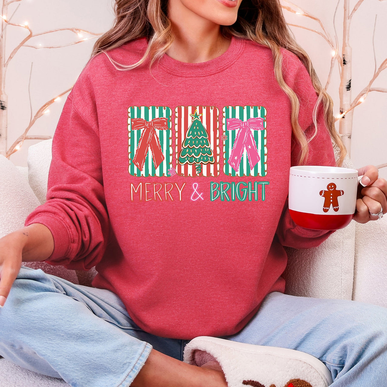 Merry And Bright Pattern Blocks Christmas Tree Ribbon Bows Santa Holiday Sweatshirt