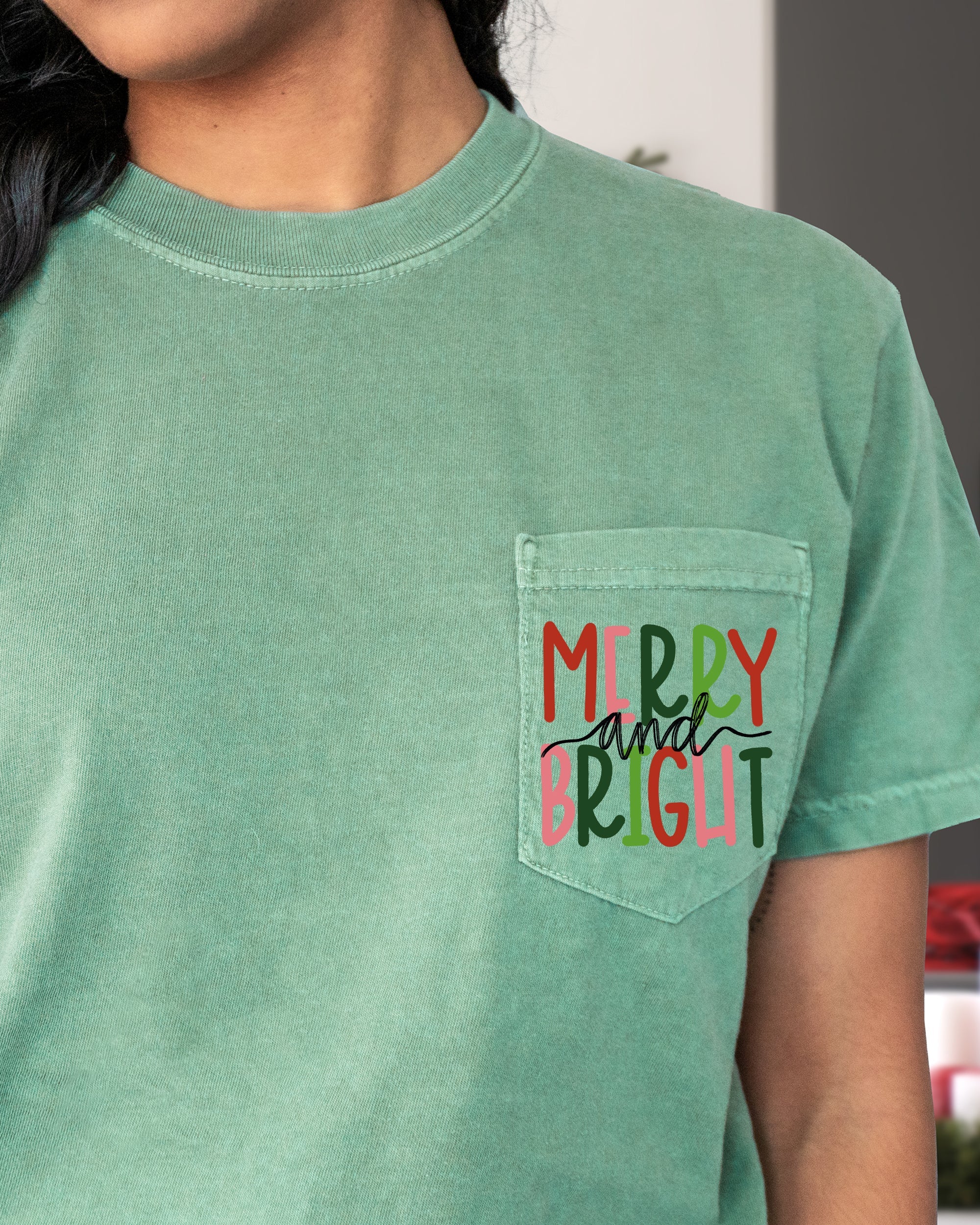 Merry And Bright Christmas Santa Snow Xmas Pocket Colorful Winter Scene Comfort Colors Tee