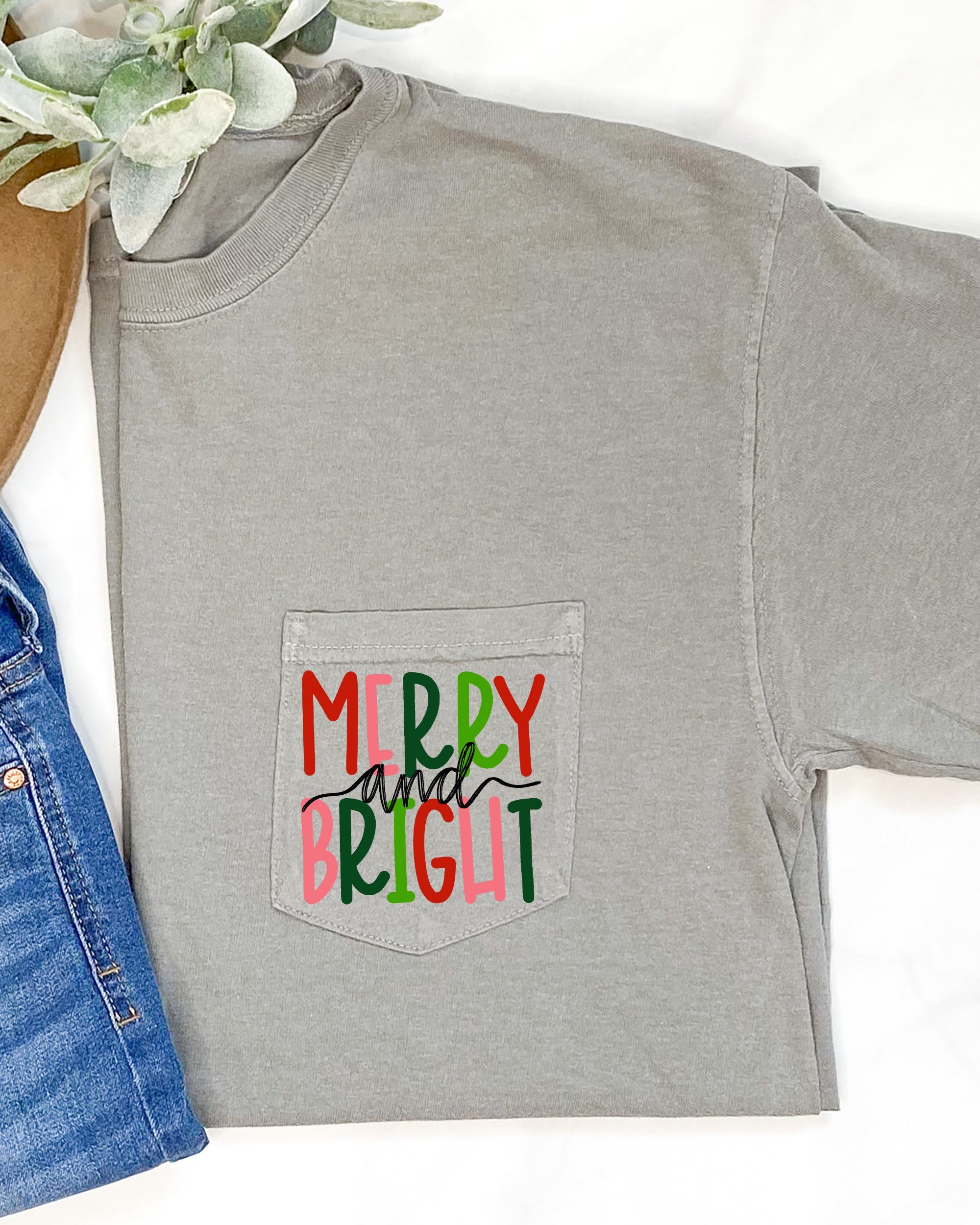 Merry And Bright Christmas Santa Snow Xmas Pocket Colorful Winter Scene Comfort Colors Tee