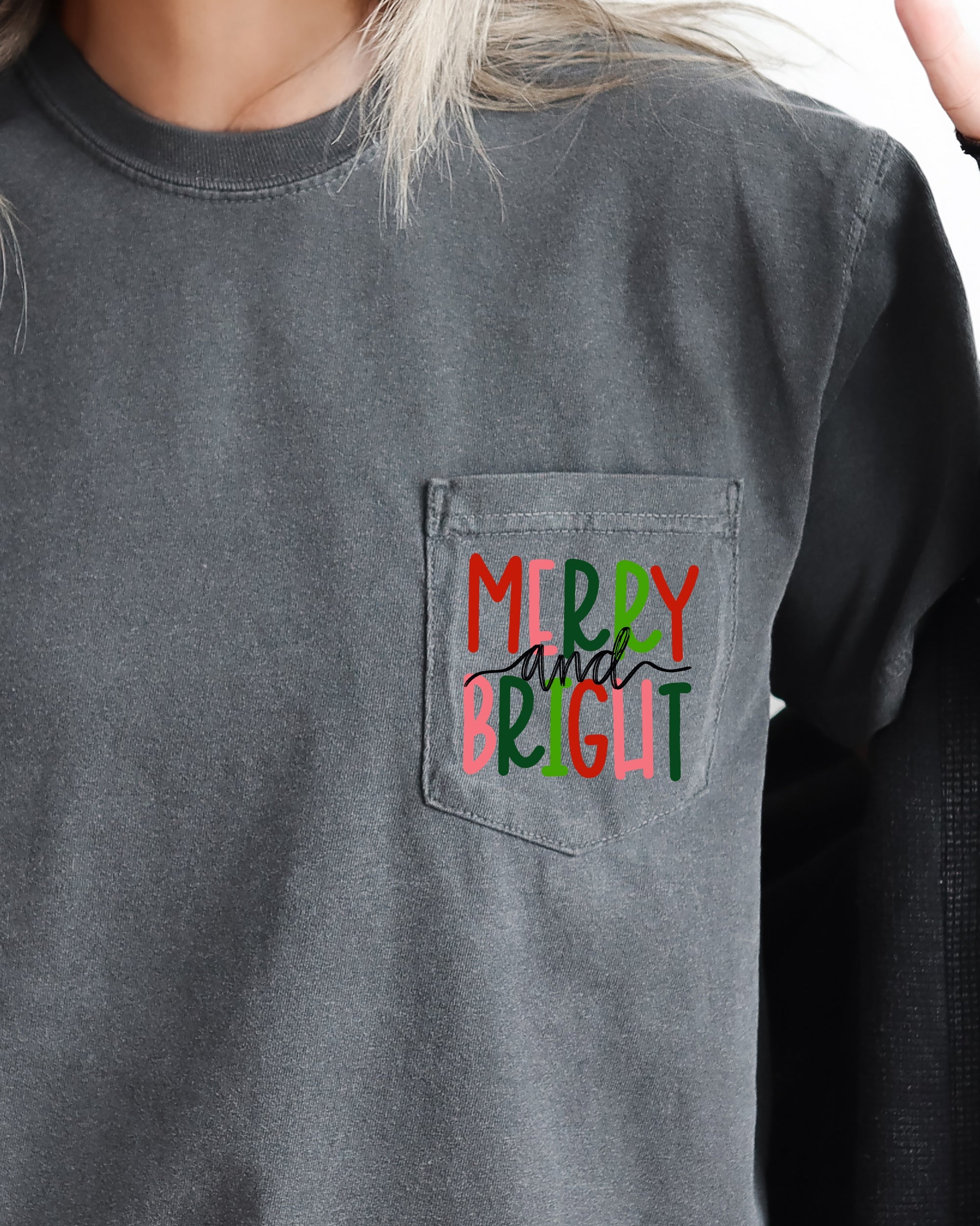 Merry And Bright Christmas Santa Snow Xmas Pocket Colorful Winter Scene Comfort Colors Tee