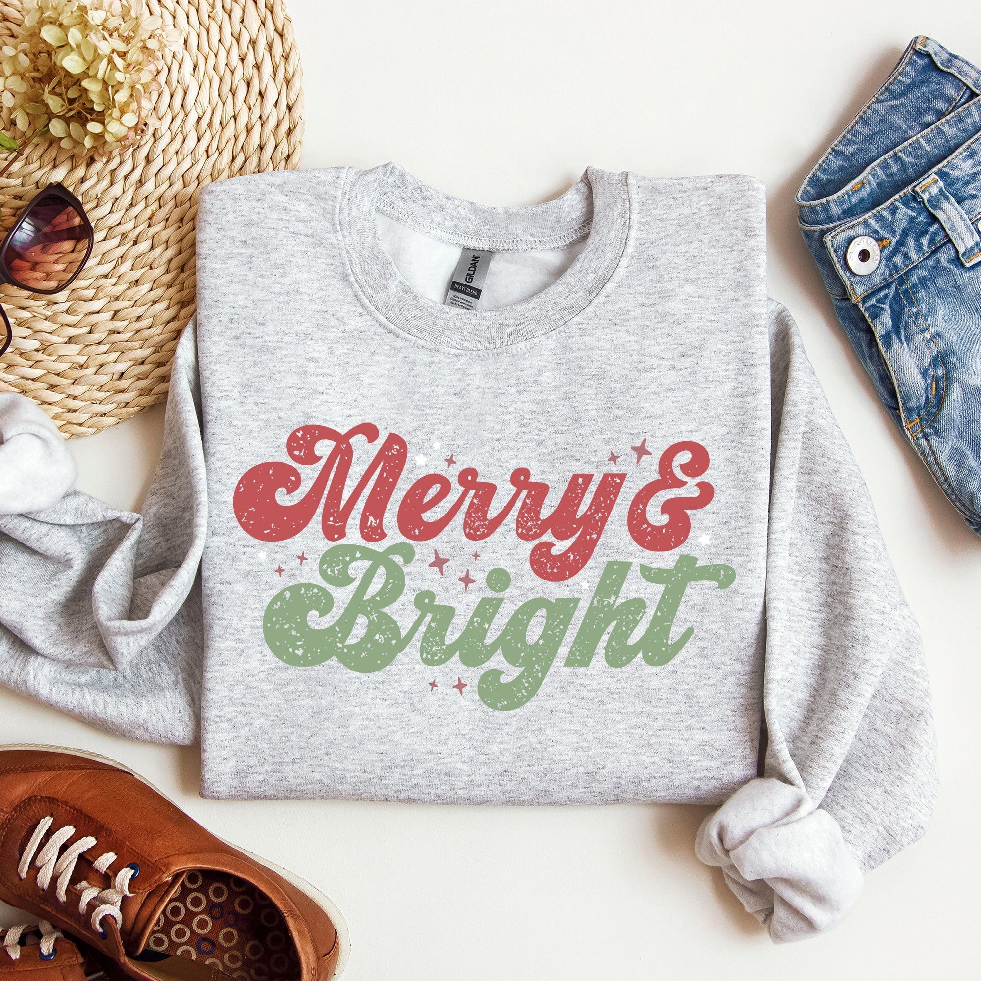Merry And Bright Christmas Red And Green Holiday Cheer Cozy Fleece Print Sweatshirt
