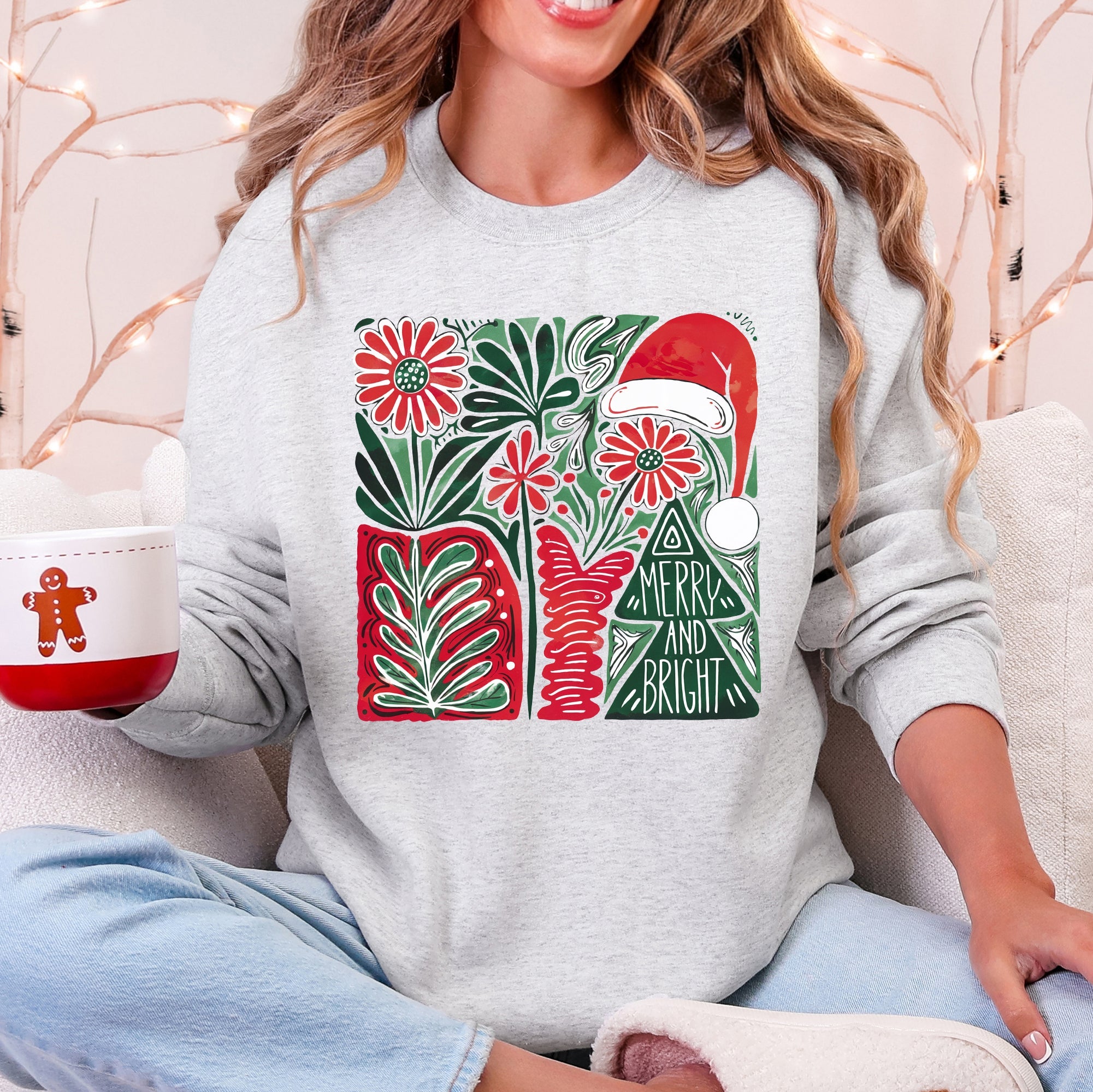 Merry and Bright Pattern Blocks Christmas Santa Hat Tree Ribbon Bow Vintage Retro Holiday Cheer Sweatshirt