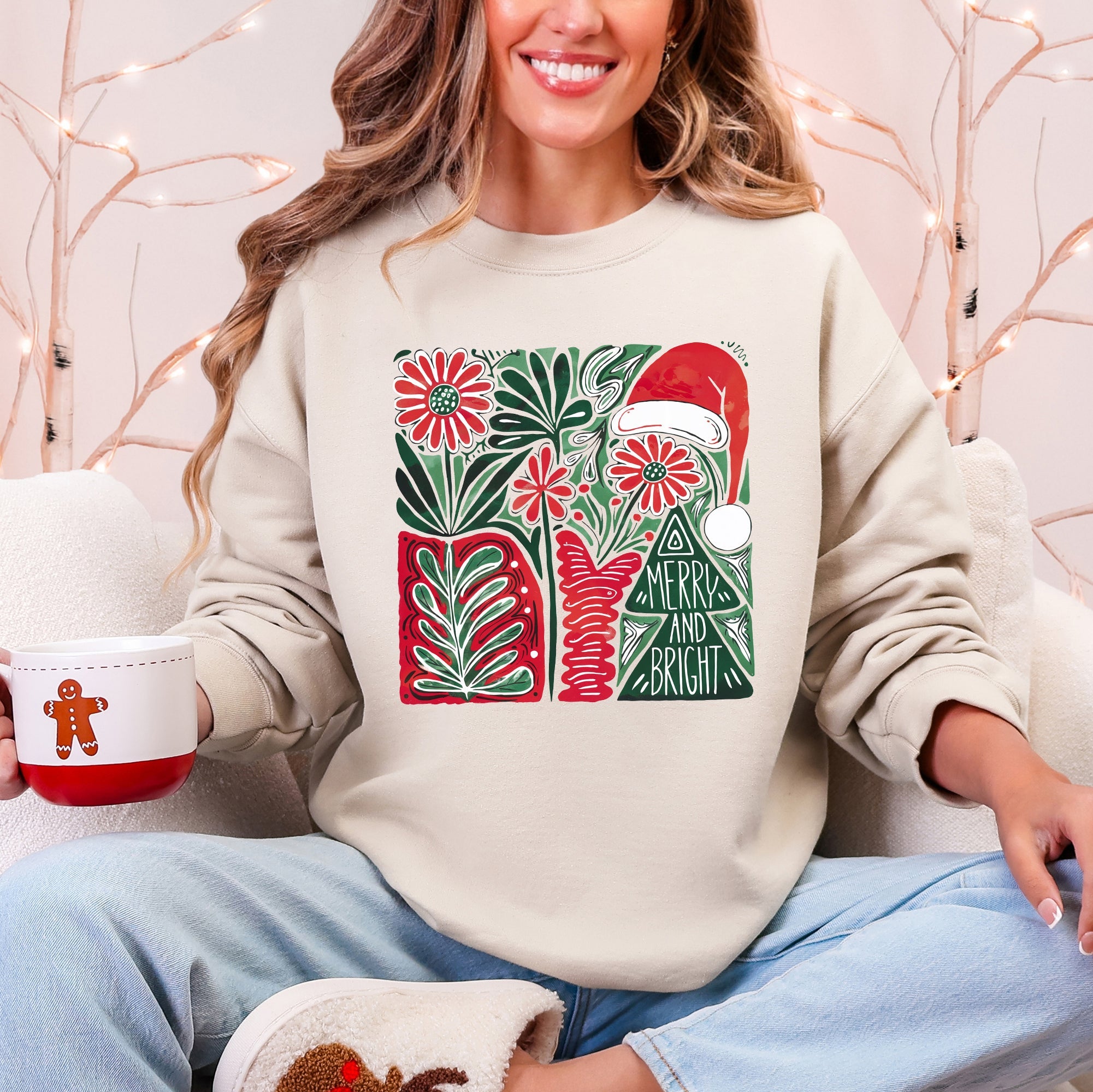 Merry and Bright Pattern Blocks Christmas Santa Hat Tree Ribbon Bow Vintage Retro Holiday Cheer Sweatshirt